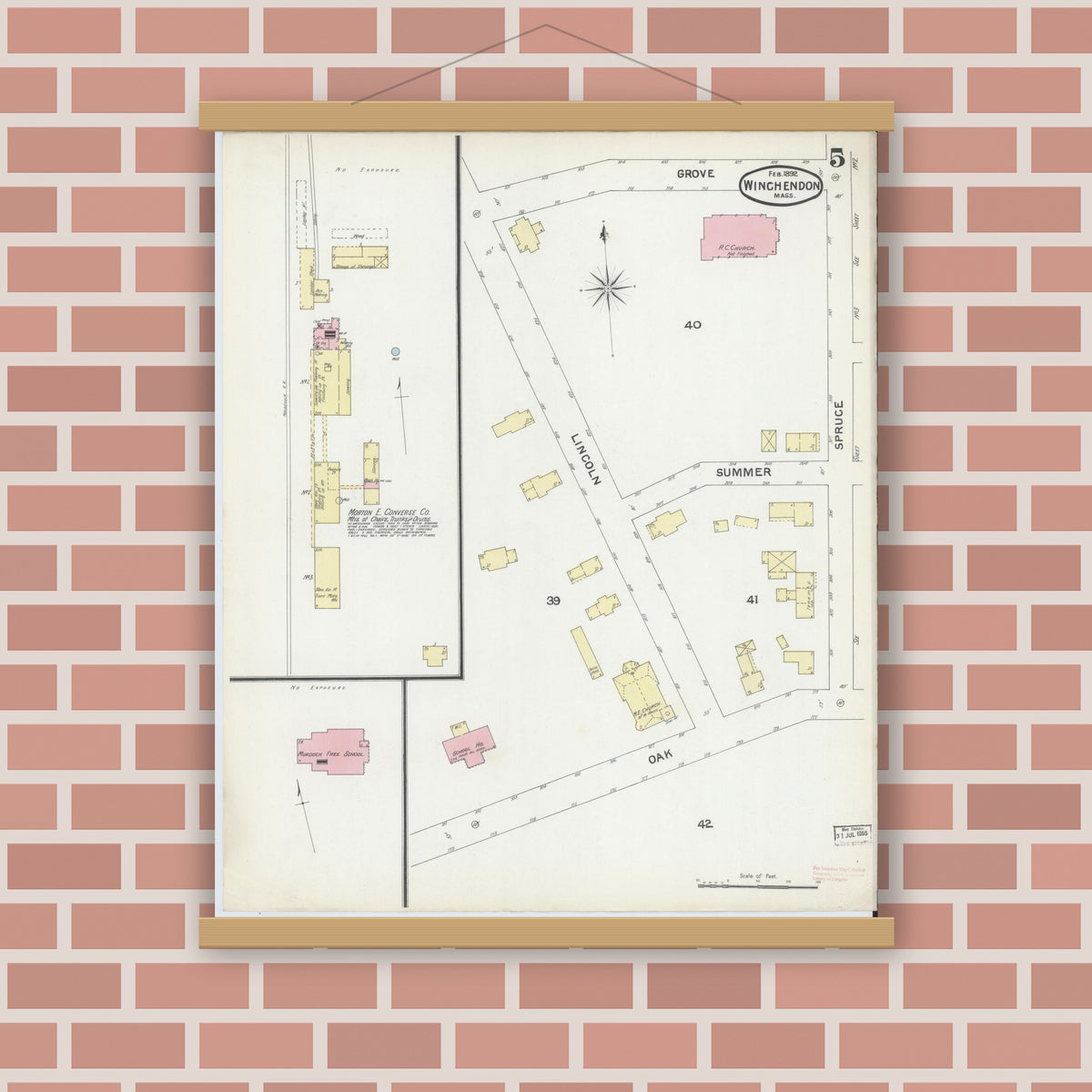 Old map wall art mockup — magnetic wood frame on brick wall — Sanborn Fire Insurance Map from Winchendon, Worcester County, Massachusetts (1892), Sheet #0005