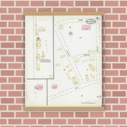 Old map wall art mockup — magnetic wood frame on brick wall — Sanborn Fire Insurance Map from Winchendon, Worcester County, Massachusetts (1892), Sheet #0005