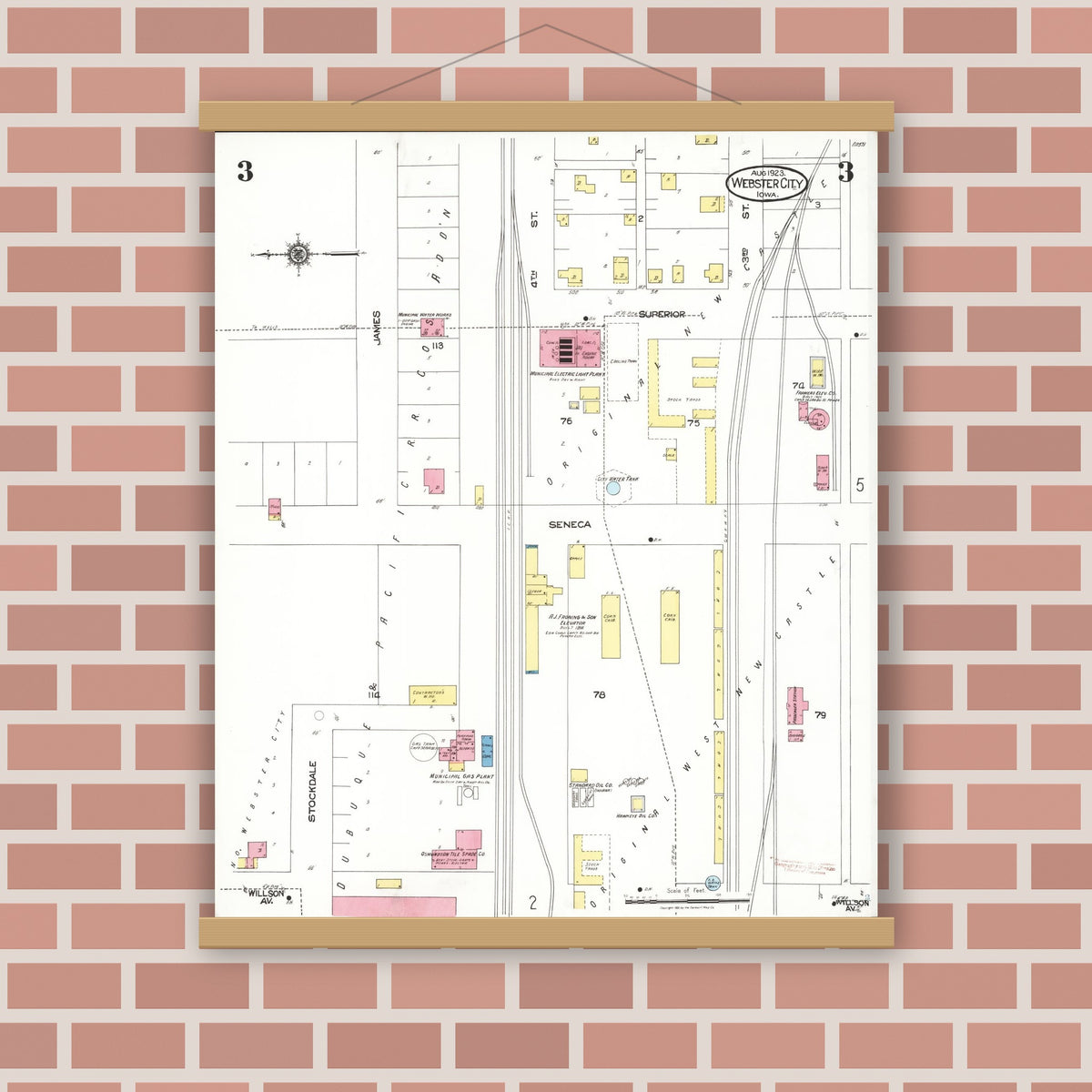 Old map wall art mockup — magnetic wood frame on brick wall — Sanborn Fire Insurance Map from Webster City, Hamilton County, Iowa (1923), Sheet #0003