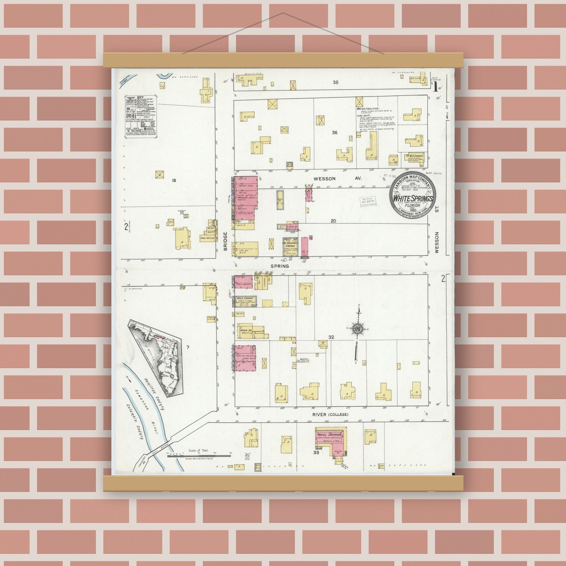 Old map wall art mockup — magnetic wood frame on brick wall — Sanborn Fire Insurance Map from White Springs, Hamilton County, Florida (1920) - Complete Map Set