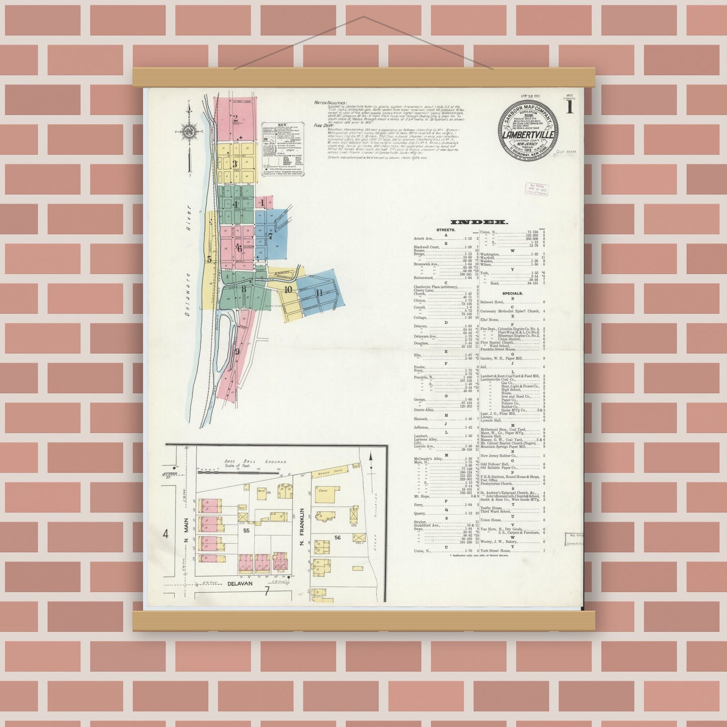 Old map wall art mockup — magnetic wood frame on brick wall — Sanborn Fire Insurance Map from Lambertville, Hunterdon County, New Jersey (1912) - Complete Map Set