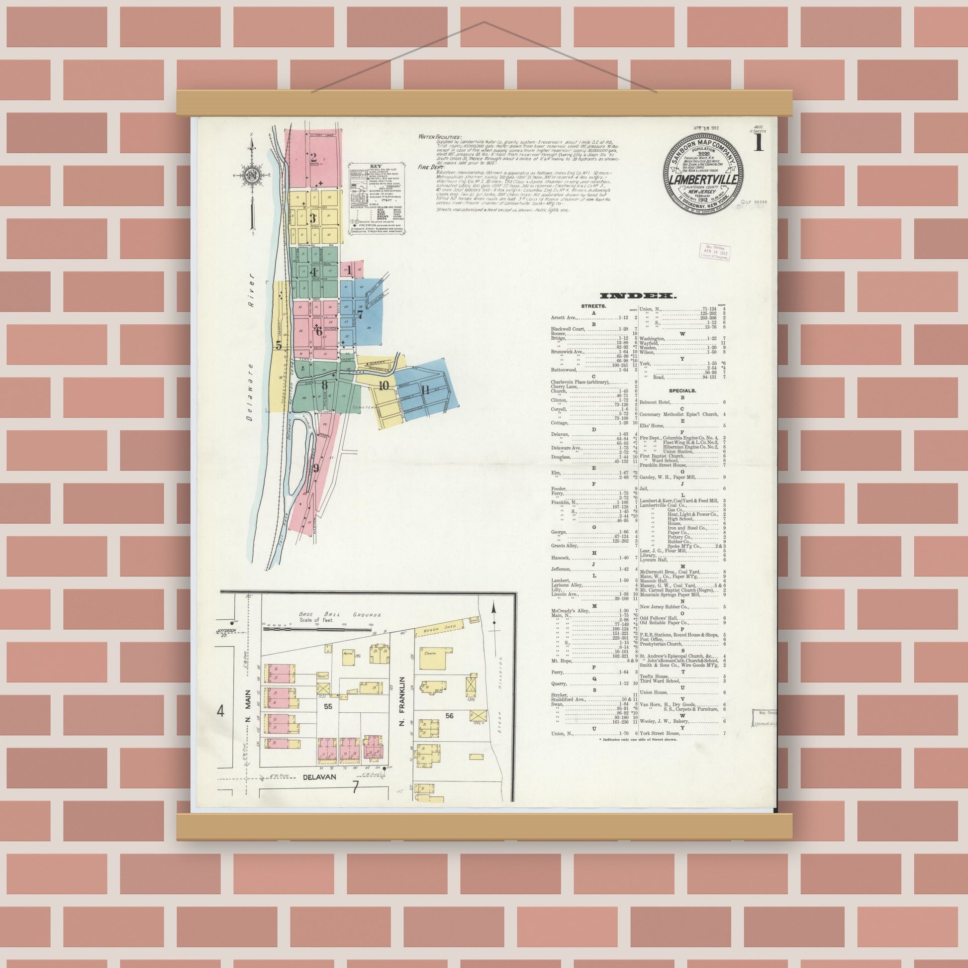 Old map wall art mockup — magnetic wood frame on brick wall — Sanborn Fire Insurance Map from Lambertville, Hunterdon County, New Jersey (1912) - Complete Map Set