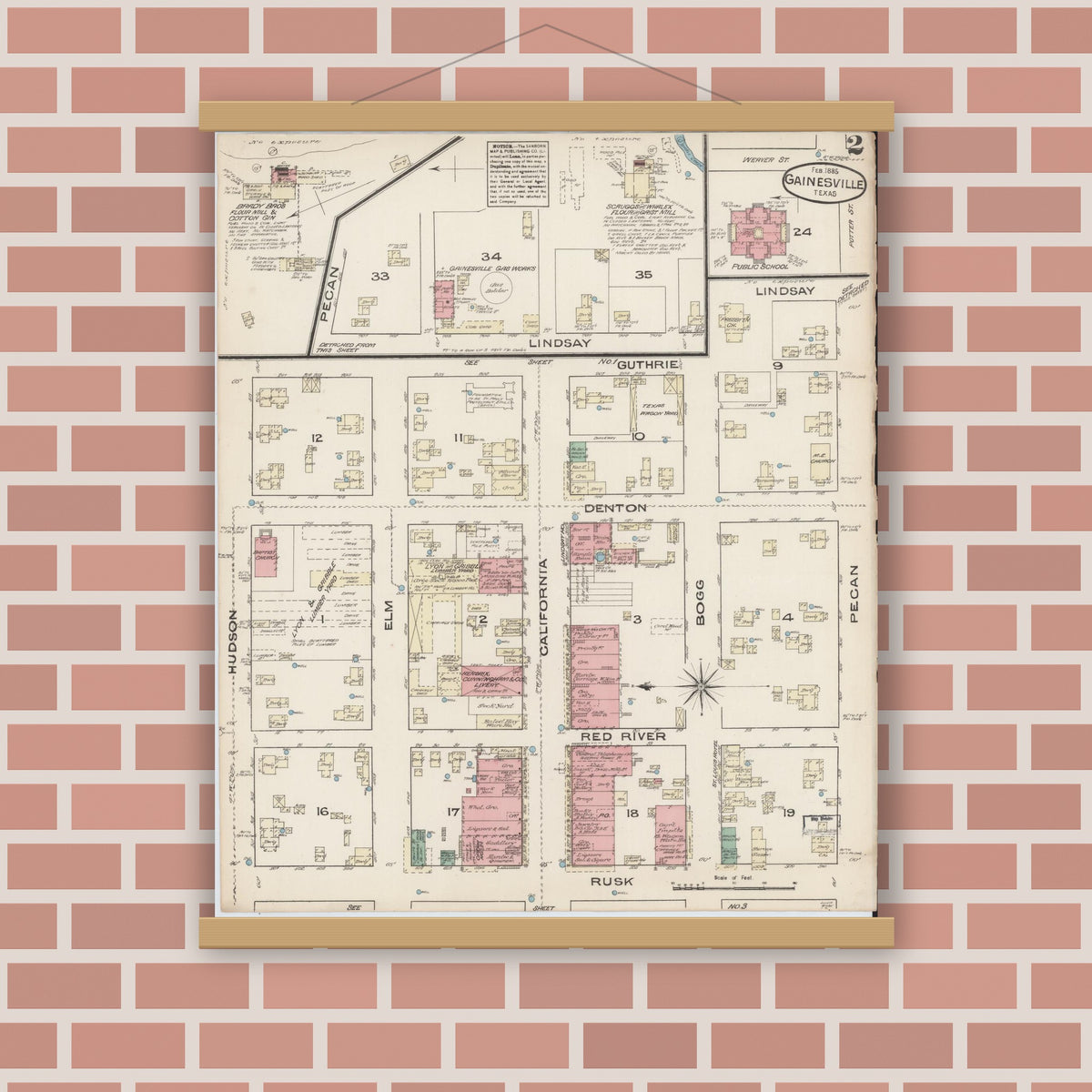 Old map wall art mockup — magnetic wood frame on brick wall — Sanborn Fire Insurance Map from Gainesville, Cooke County, Texas (1885), Sheet #0002