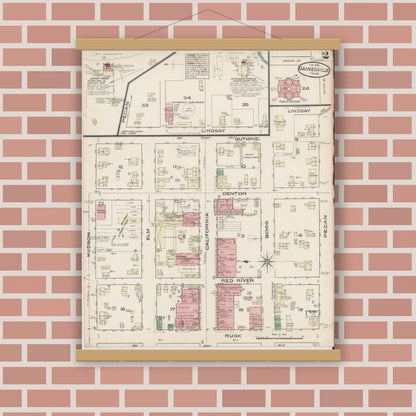 Old map wall art mockup — magnetic wood frame on brick wall — Sanborn Fire Insurance Map from Gainesville, Cooke County, Texas (1885), Sheet #0002