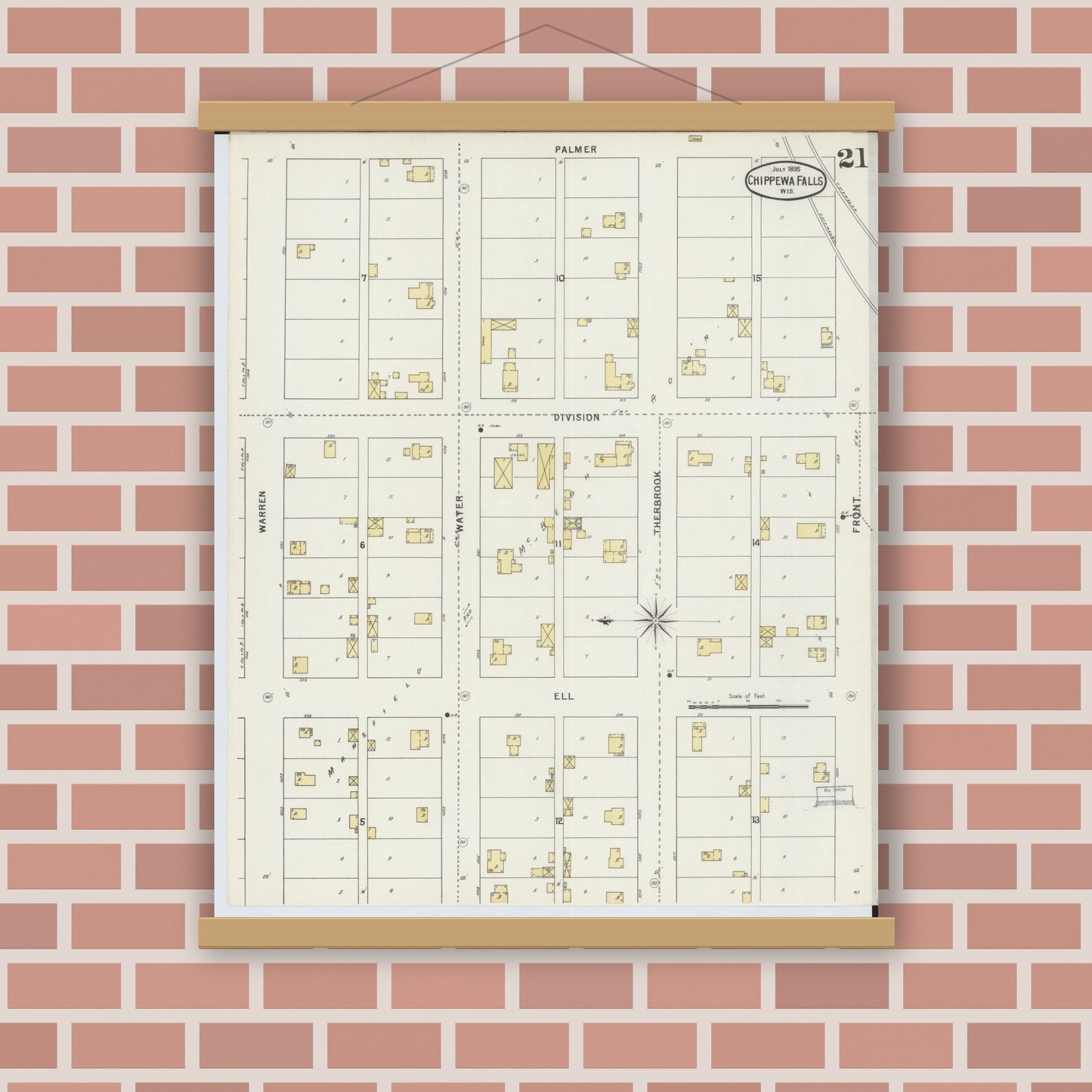 Old map wall art mockup — magnetic wood frame on brick wall — Sanborn Fire Insurance Map from Chippewa Falls, Chippewa County, Wisconsin (1895), Sheet #0021
