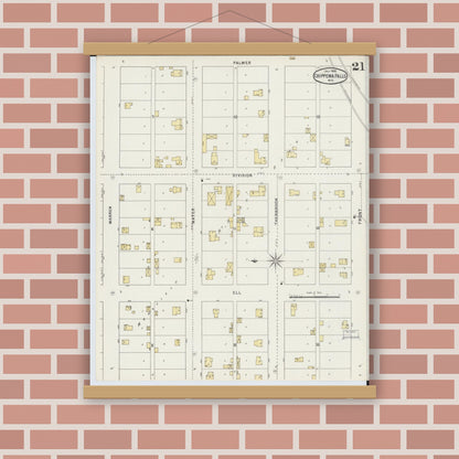 Old map wall art mockup — magnetic wood frame on brick wall — Sanborn Fire Insurance Map from Chippewa Falls, Chippewa County, Wisconsin (1895), Sheet #0021