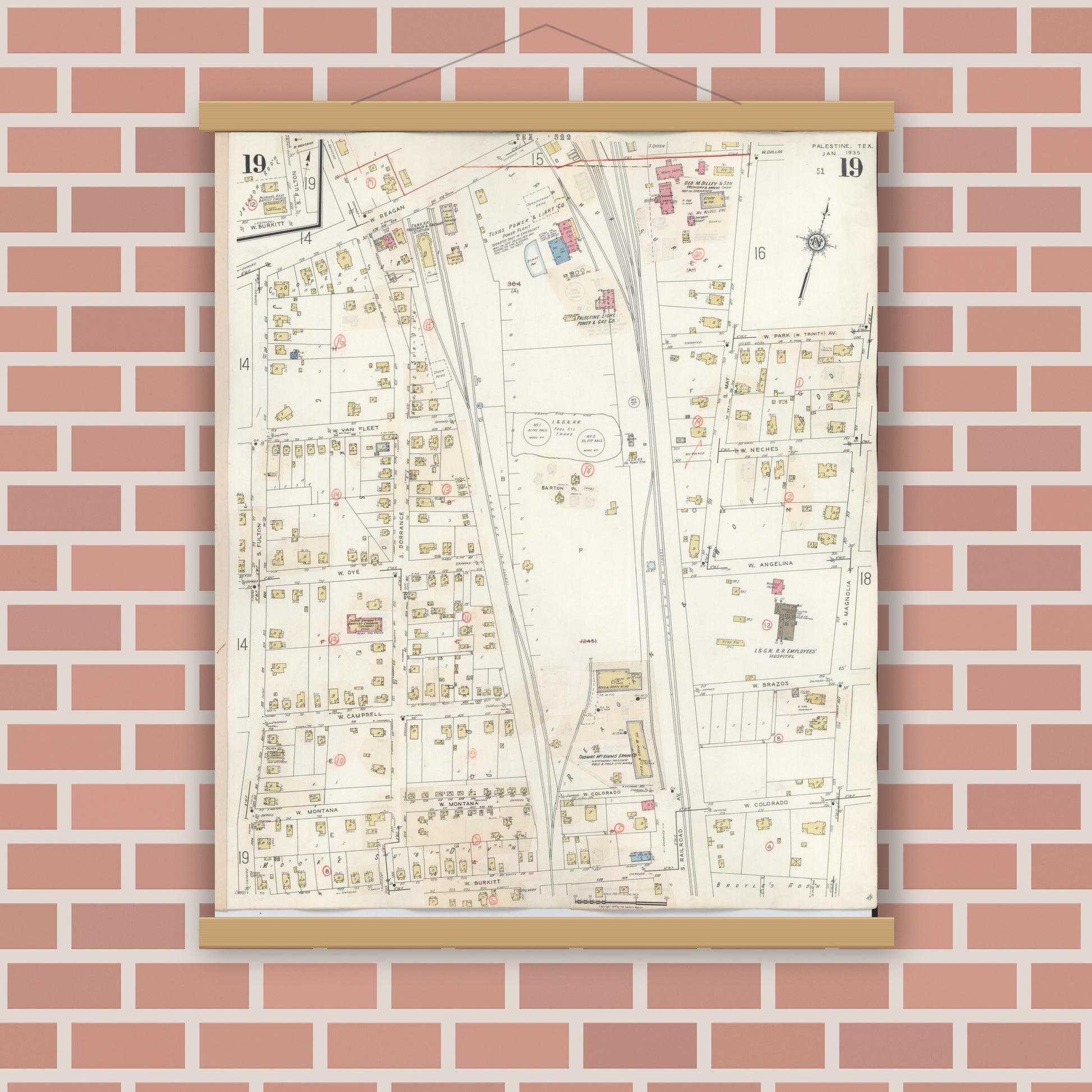 Old map wall art mockup — magnetic wood frame on brick wall — Sanborn Fire Insurance Map from Palestine, Anderson County, Texas (1949), Sheet #0019