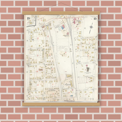 Old map wall art mockup — magnetic wood frame on brick wall — Sanborn Fire Insurance Map from Palestine, Anderson County, Texas (1949), Sheet #0019