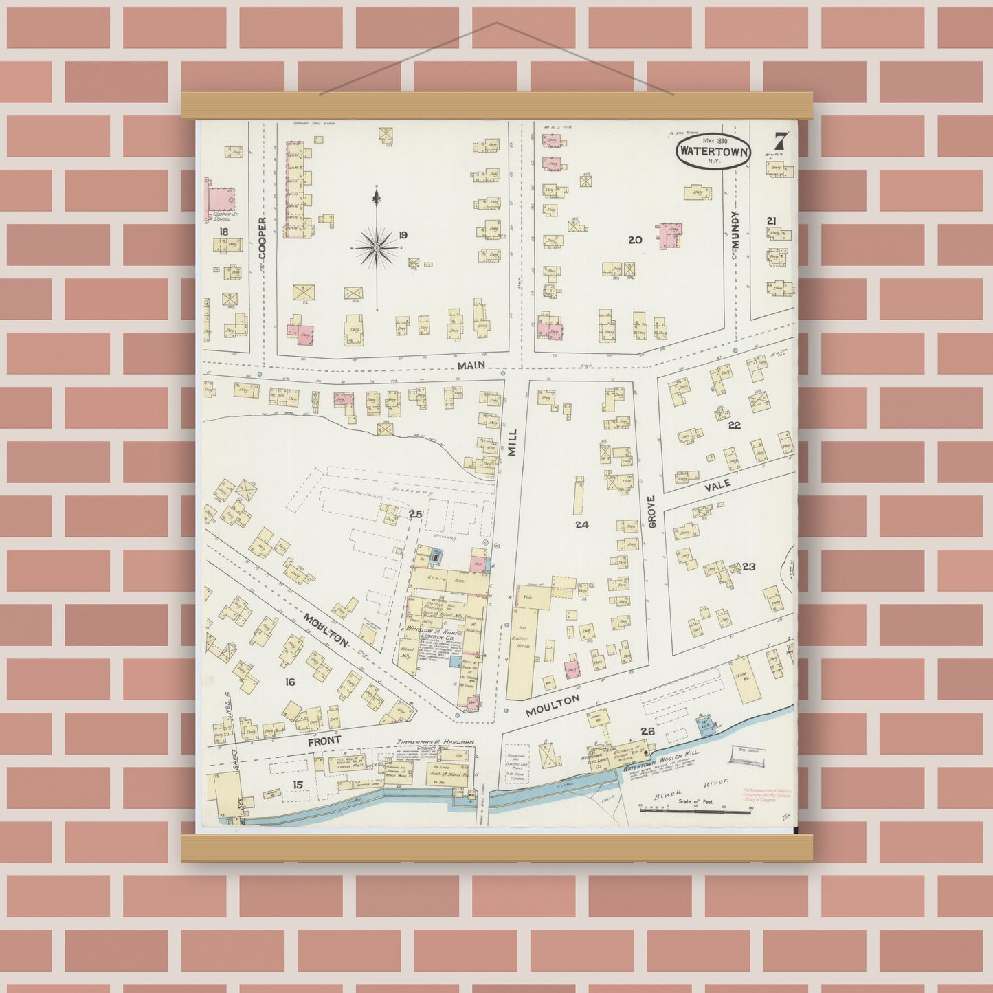 Old map wall art mockup — magnetic wood frame on brick wall — Sanborn Fire Insurance Map from Watertown, Jefferson County, New York (1890), Sheet #0007
