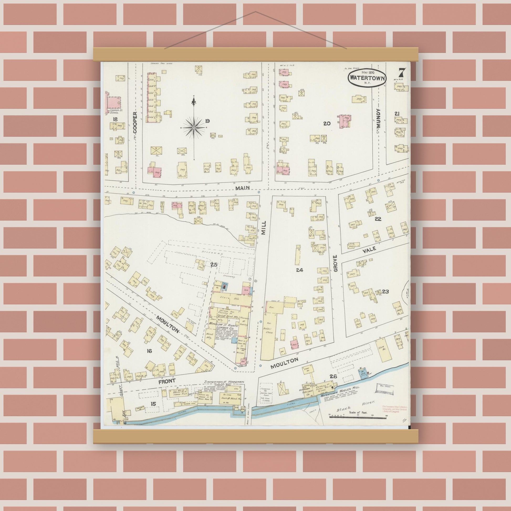 Old map wall art mockup — magnetic wood frame on brick wall — Sanborn Fire Insurance Map from Watertown, Jefferson County, New York (1890), Sheet #0007