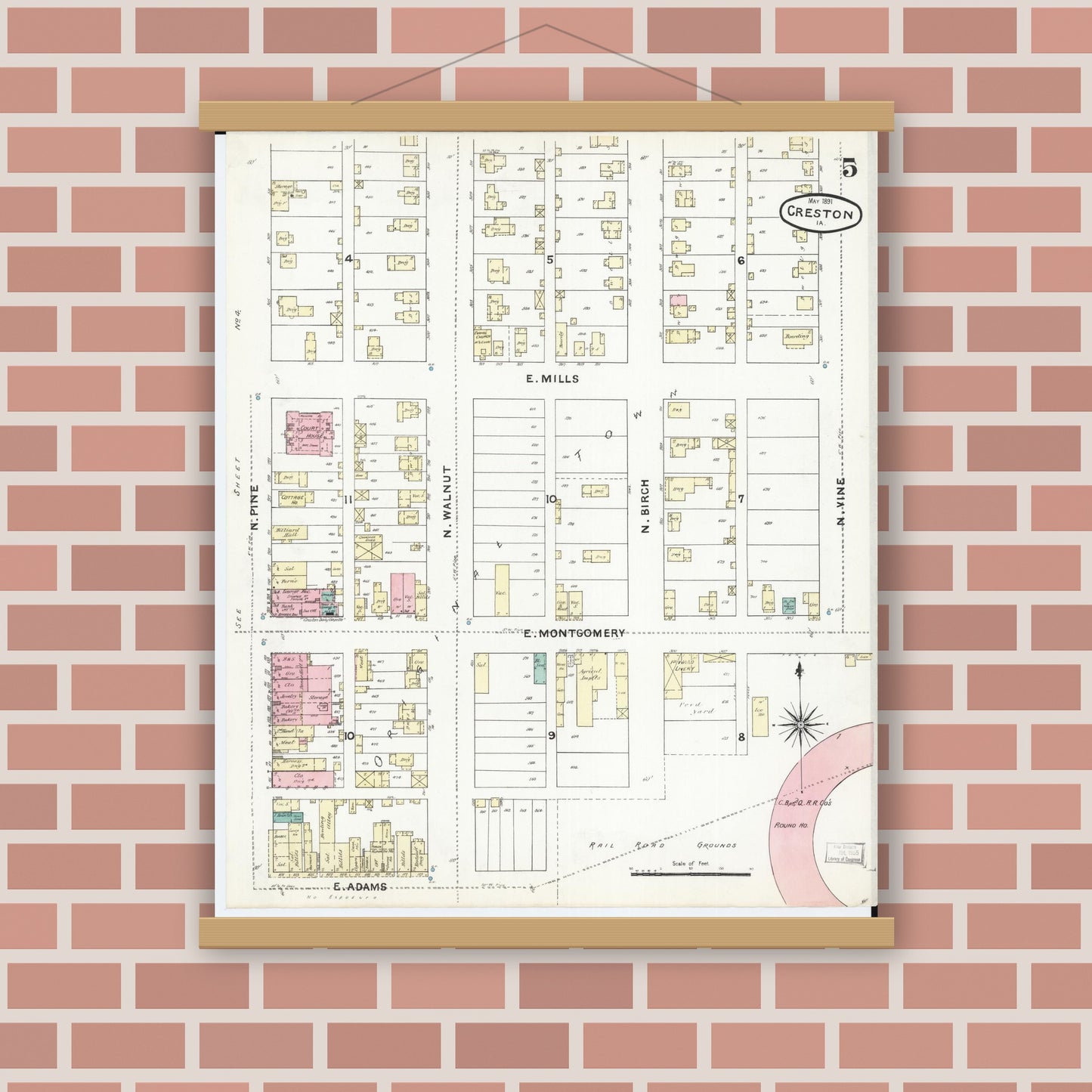 Old map wall art mockup — magnetic wood frame on brick wall — Sanborn Fire Insurance Map from Creston, Union County, Iowa (1891), Sheet #0005