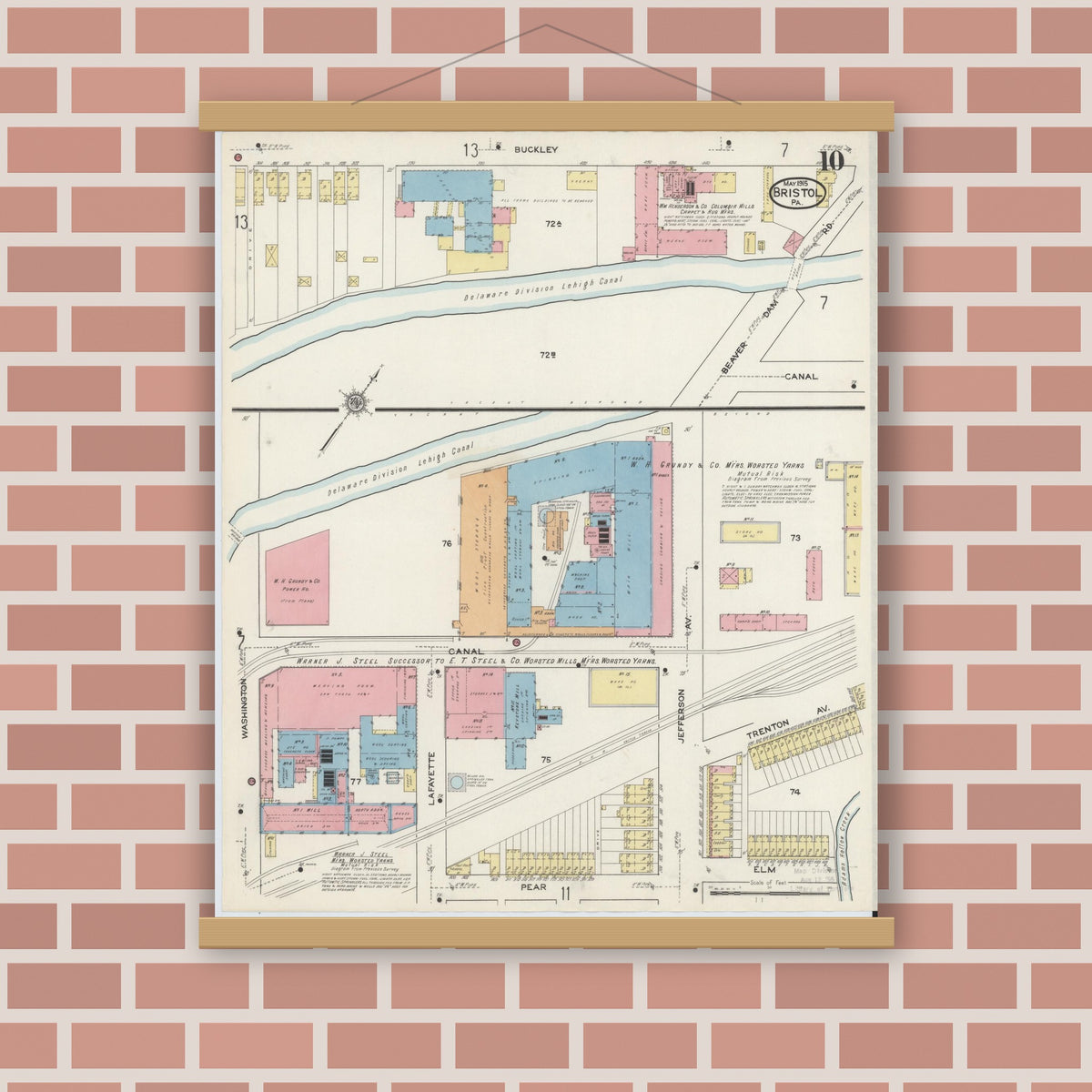 Old map wall art mockup — magnetic wood frame on brick wall — Sanborn Fire Insurance Map from Bristol, Bucks County, Pennsylvania (1915), Sheet #0010