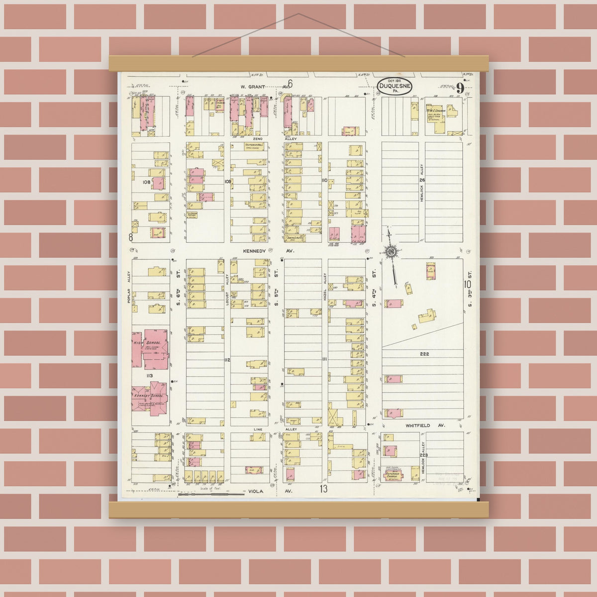 Old map wall art mockup — magnetic wood frame on brick wall — Sanborn Fire Insurance Map from Duquesne, Allegheny County, Pennsylvania (1911), Sheet #0009