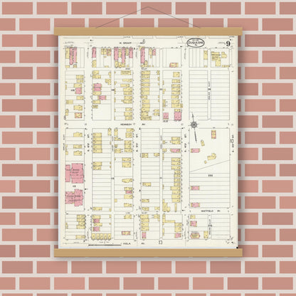 Old map wall art mockup — magnetic wood frame on brick wall — Sanborn Fire Insurance Map from Duquesne, Allegheny County, Pennsylvania (1911), Sheet #0009