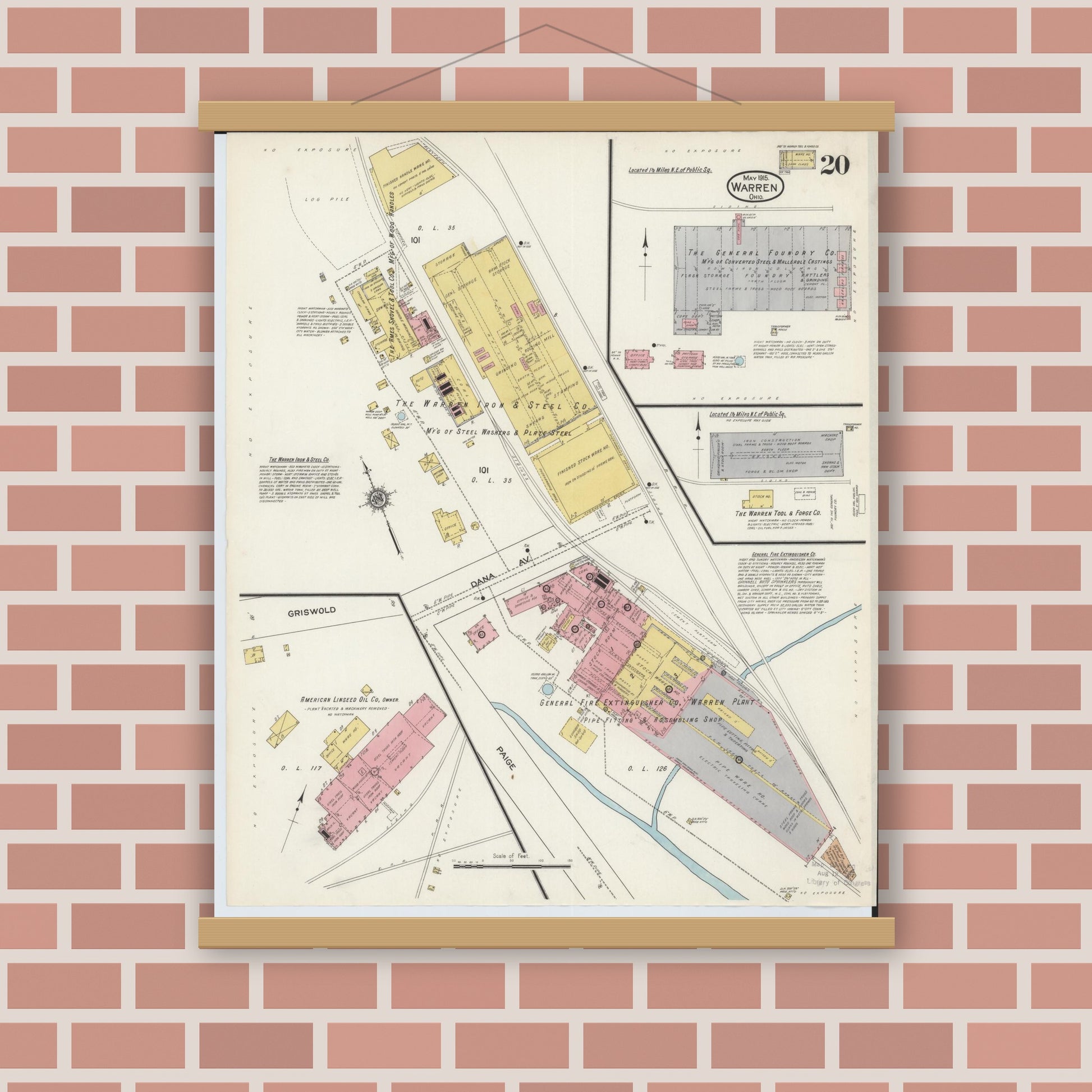 Old map wall art mockup — magnetic wood frame on brick wall — Sanborn Fire Insurance Map from Warren, Trumbull County, Ohio (1915), Sheet #0020