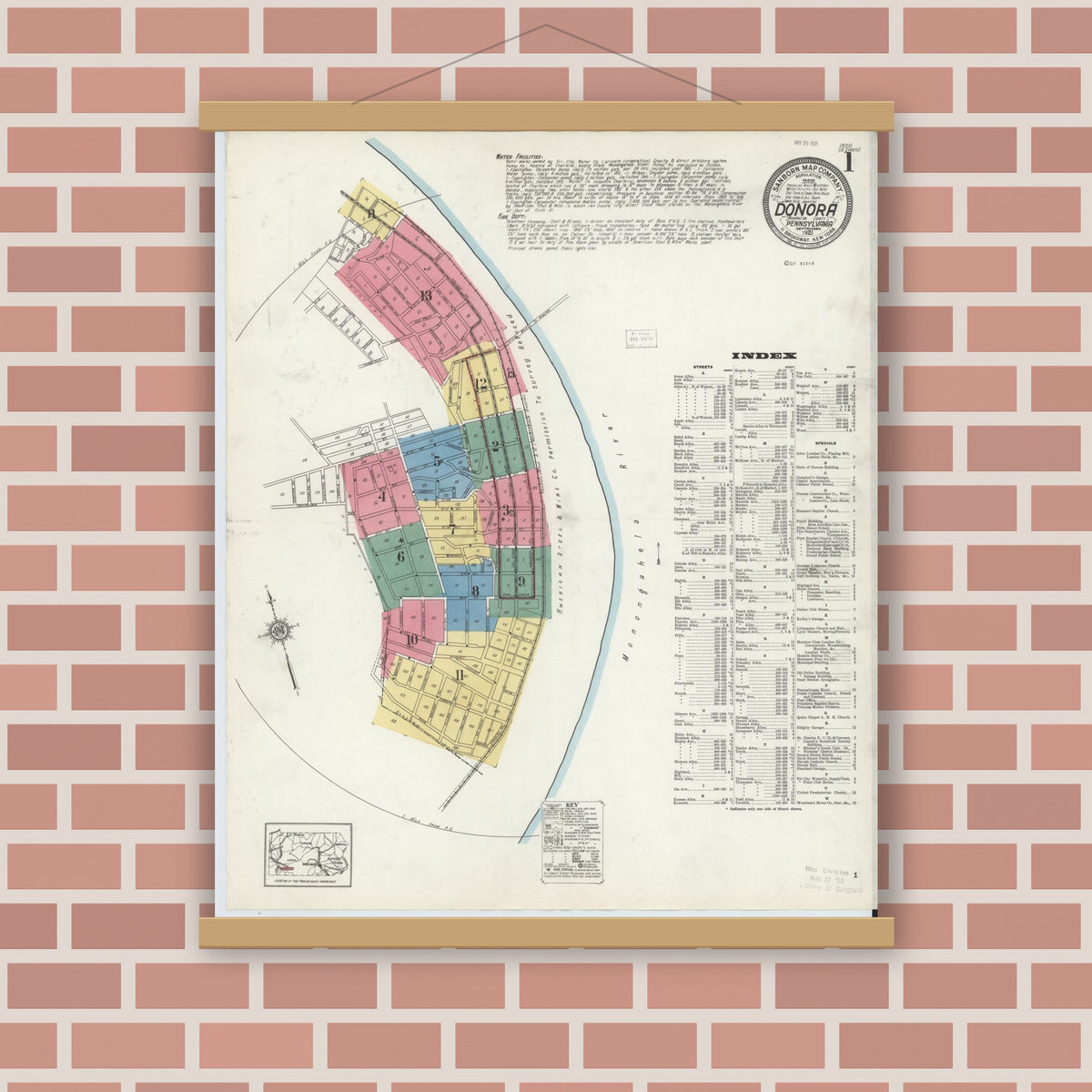 Old map wall art mockup — magnetic wood frame on brick wall — Sanborn Fire Insurance Map from Donora, Washington County, Pennsylvania (1921), Sheet #0001
