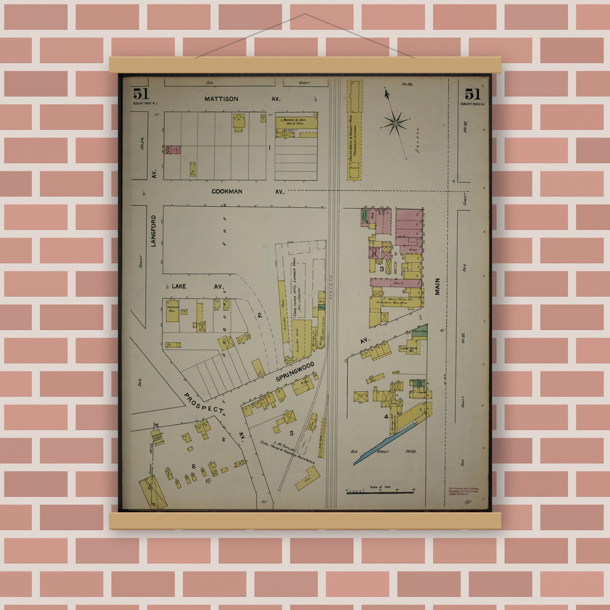Old map wall art mockup — magnetic wood frame on brick wall — Sanborn Fire Insurance Map from New Jersey Coast, New Jersey Coast, New Jersey (1890), Sheet #0051