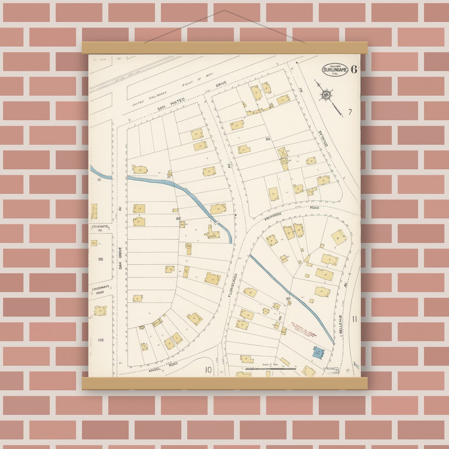 Old map wall art mockup — magnetic wood frame on brick wall — Sanborn Fire Insurance Map from Burlingame, San Mateo County, California (1913), Sheet #0006