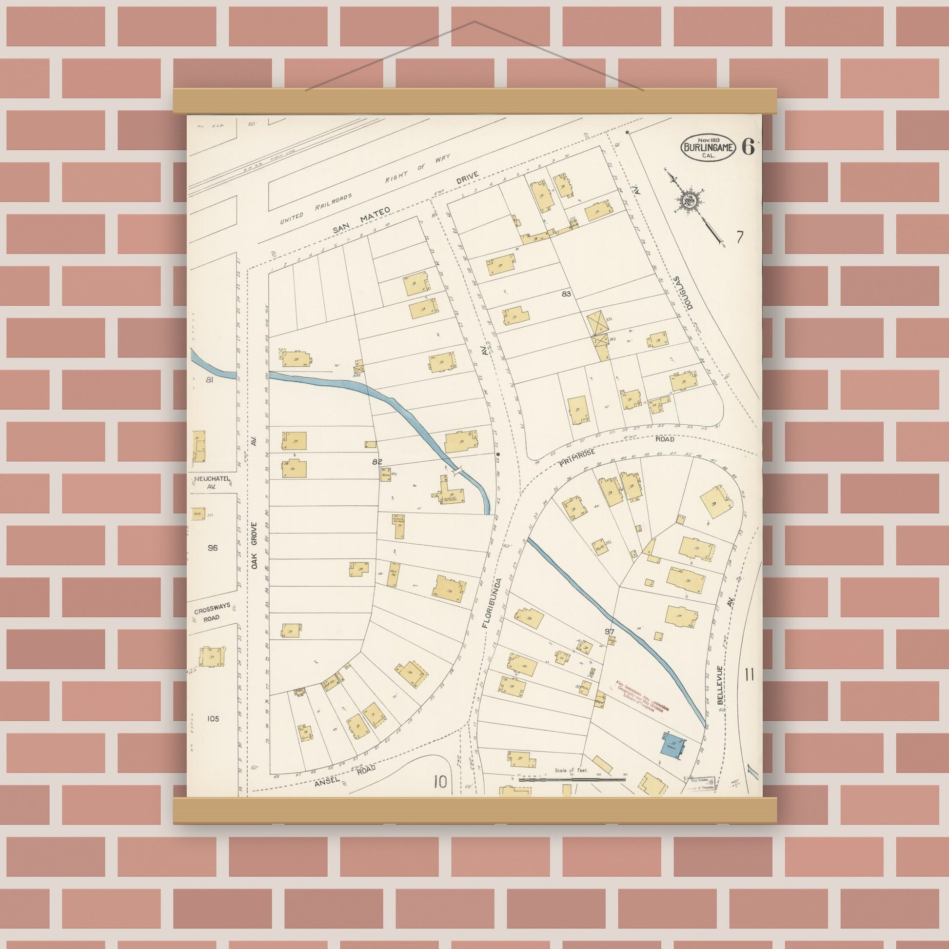 Old map wall art mockup — magnetic wood frame on brick wall — Sanborn Fire Insurance Map from Burlingame, San Mateo County, California (1913), Sheet #0006