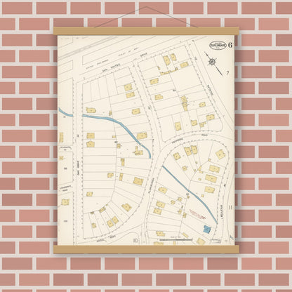 Old map wall art mockup — magnetic wood frame on brick wall — Sanborn Fire Insurance Map from Burlingame, San Mateo County, California (1913), Sheet #0006
