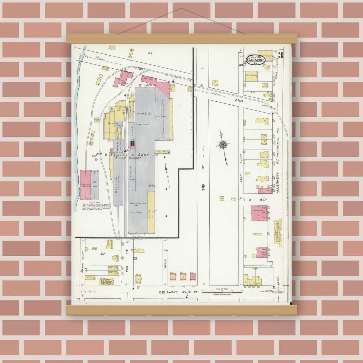 Old map wall art mockup — magnetic wood frame on brick wall — Sanborn Fire Insurance Map from Oakmont, Allegheny County, Pennsylvania (1921), Sheet #0003
