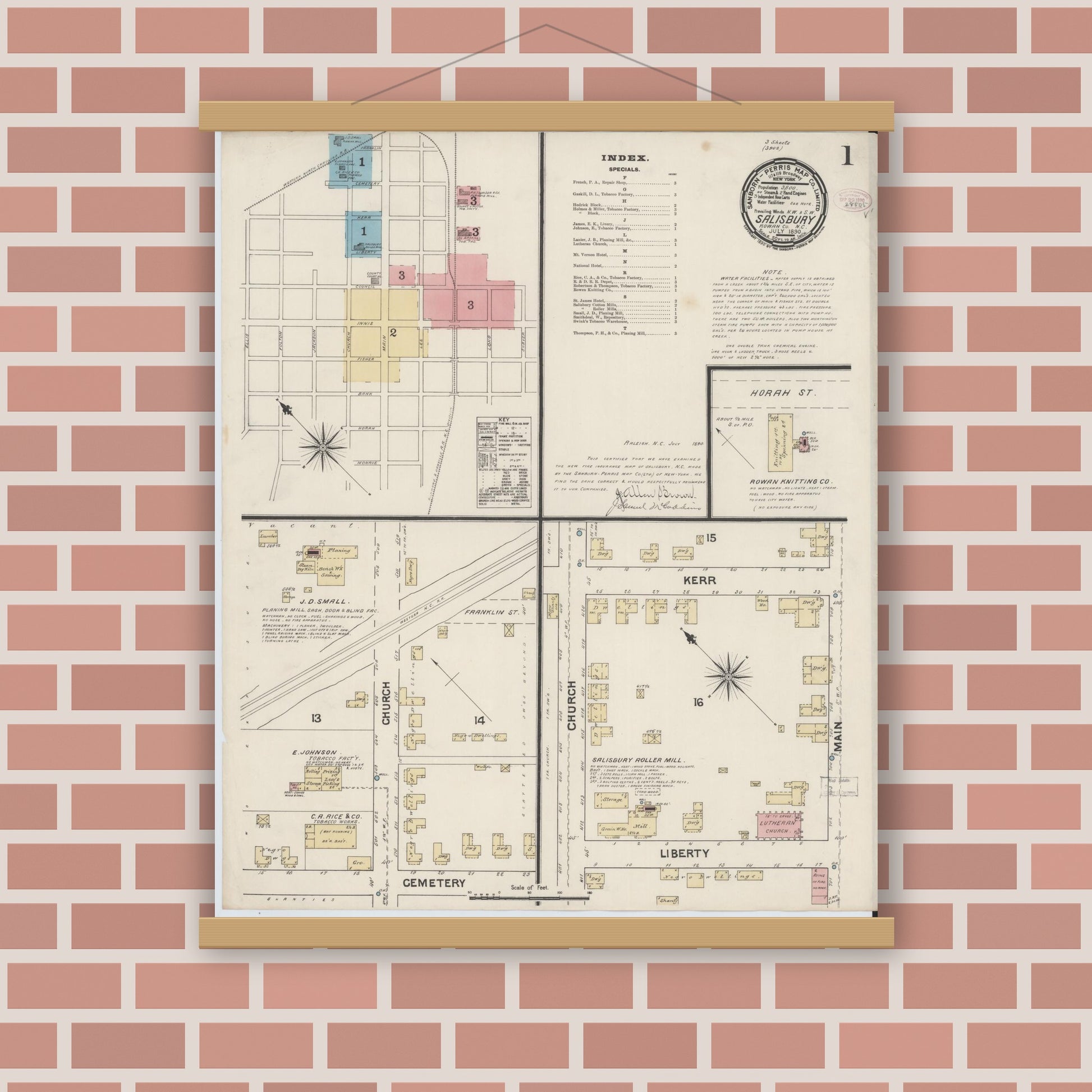 Old map wall art mockup — magnetic wood frame on brick wall — Sanborn Fire Insurance Map from Salisbury, Rowan County, North Carolina (1890) - Complete Map Set