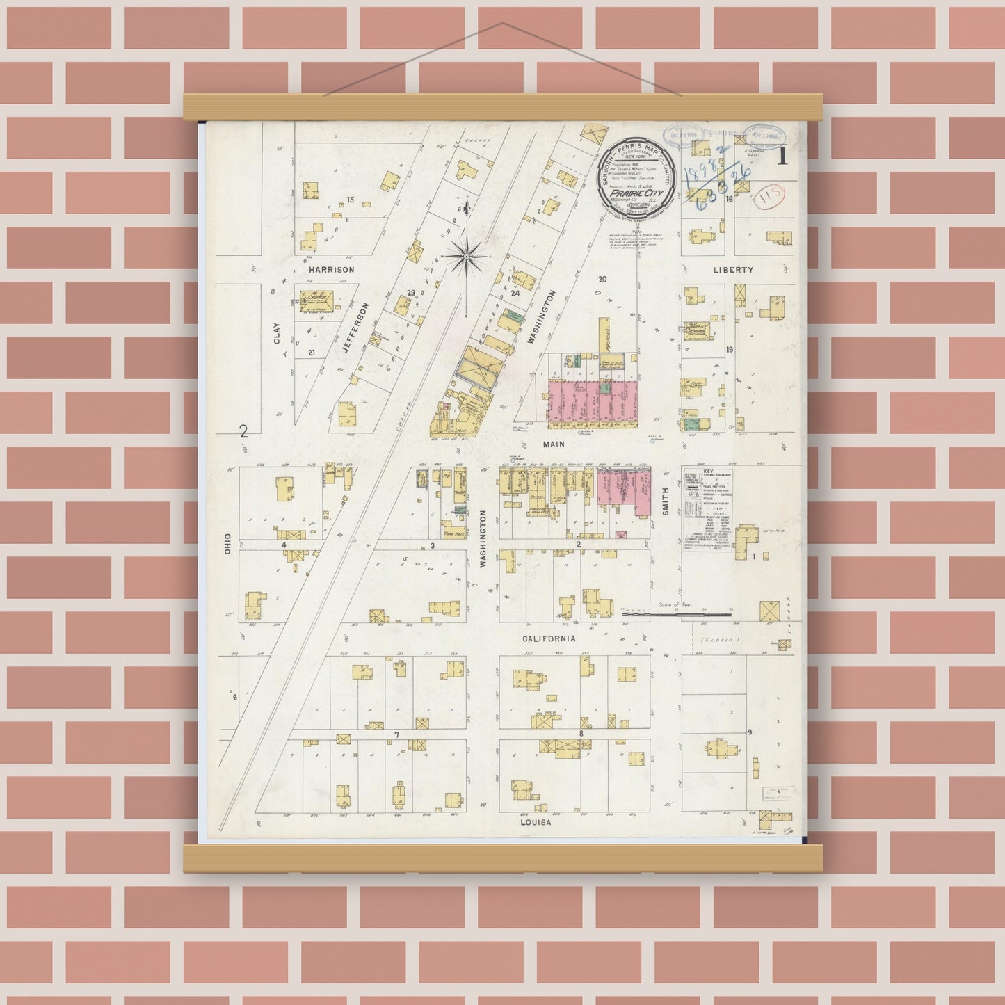Old map wall art mockup — magnetic wood frame on brick wall — Sanborn Fire Insurance Map from Prairie City, Mcdonough County, Illinois (1898), Sheet #0001
