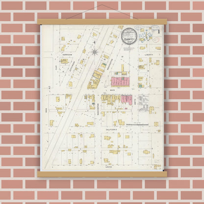 Old map wall art mockup — magnetic wood frame on brick wall — Sanborn Fire Insurance Map from Prairie City, Mcdonough County, Illinois (1898), Sheet #0001