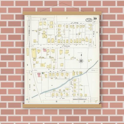 Old map wall art mockup — magnetic wood frame on brick wall — Sanborn Fire Insurance Map from Tyler, Smith County, Texas (1907), Sheet #0010