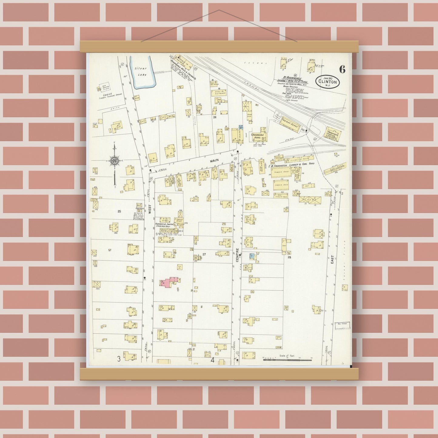 Old map wall art mockup — magnetic wood frame on brick wall — Sanborn Fire Insurance Map from Clinton, Hunterdon County, New Jersey (1912), Sheet #0006