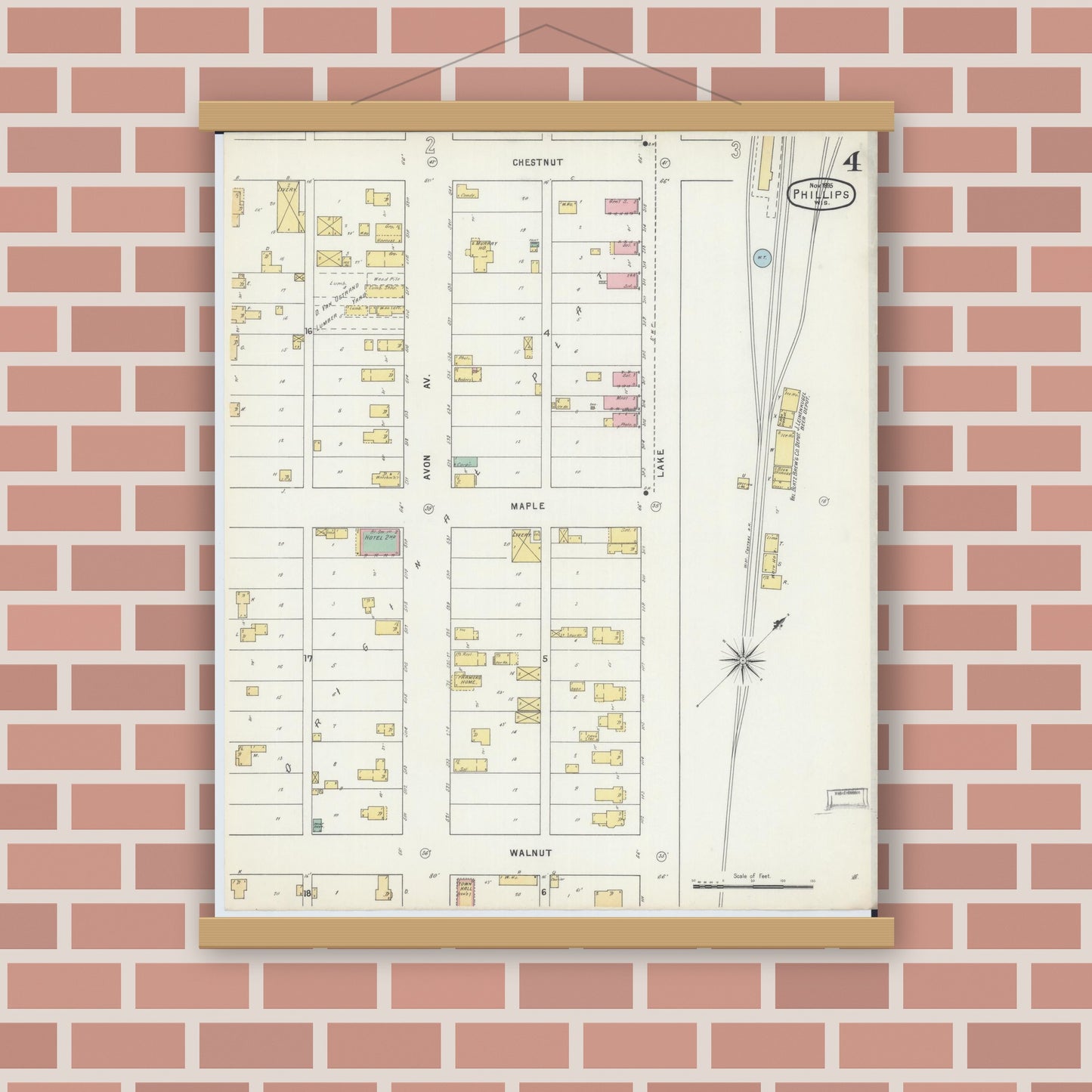 Old map wall art mockup — magnetic wood frame on brick wall — Sanborn Fire Insurance Map from Phillips, Price County, Wisconsin (1895), Sheet #0004
