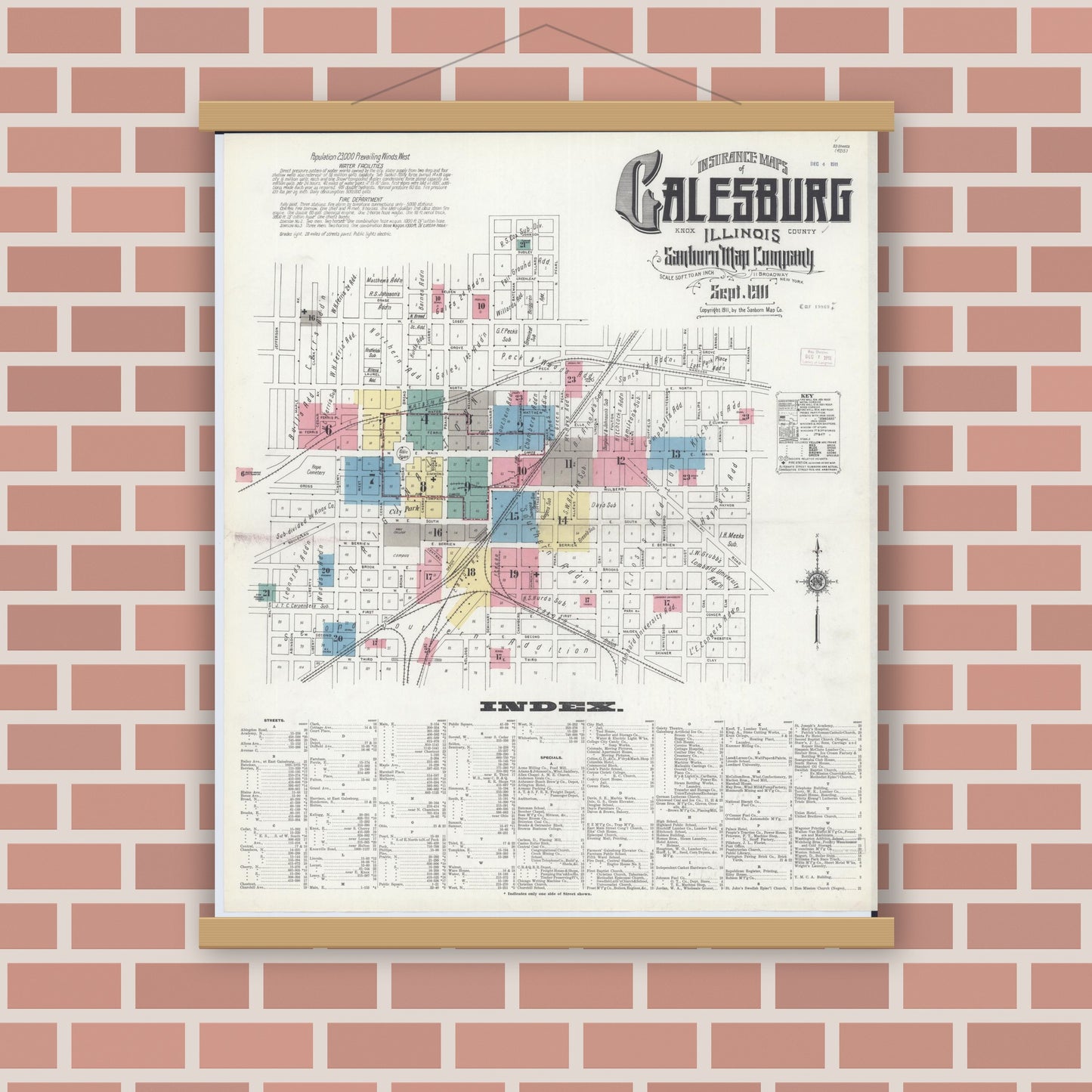 Old map wall art mockup — magnetic wood frame on brick wall — Sanborn Fire Insurance Map from Galesburg, Knox County, Illinois (1911), Sheet #0001
