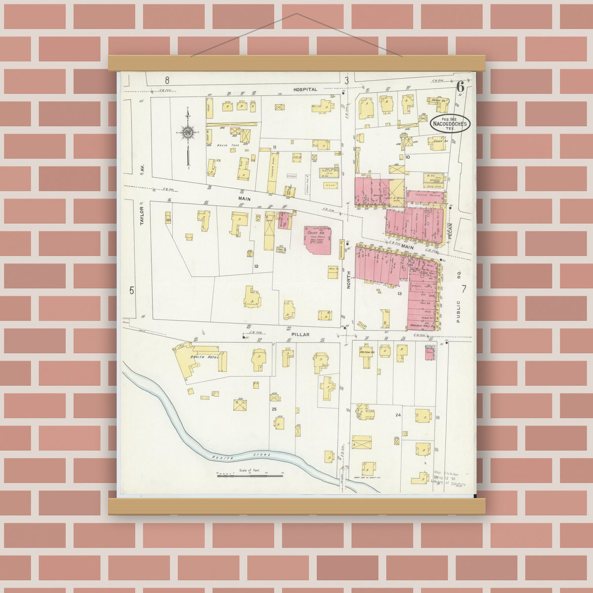 Old map wall art mockup — magnetic wood frame on brick wall — Sanborn Fire Insurance Map from Nacogdoches, Nacogdoches County, Texas (1912), Sheet #0006