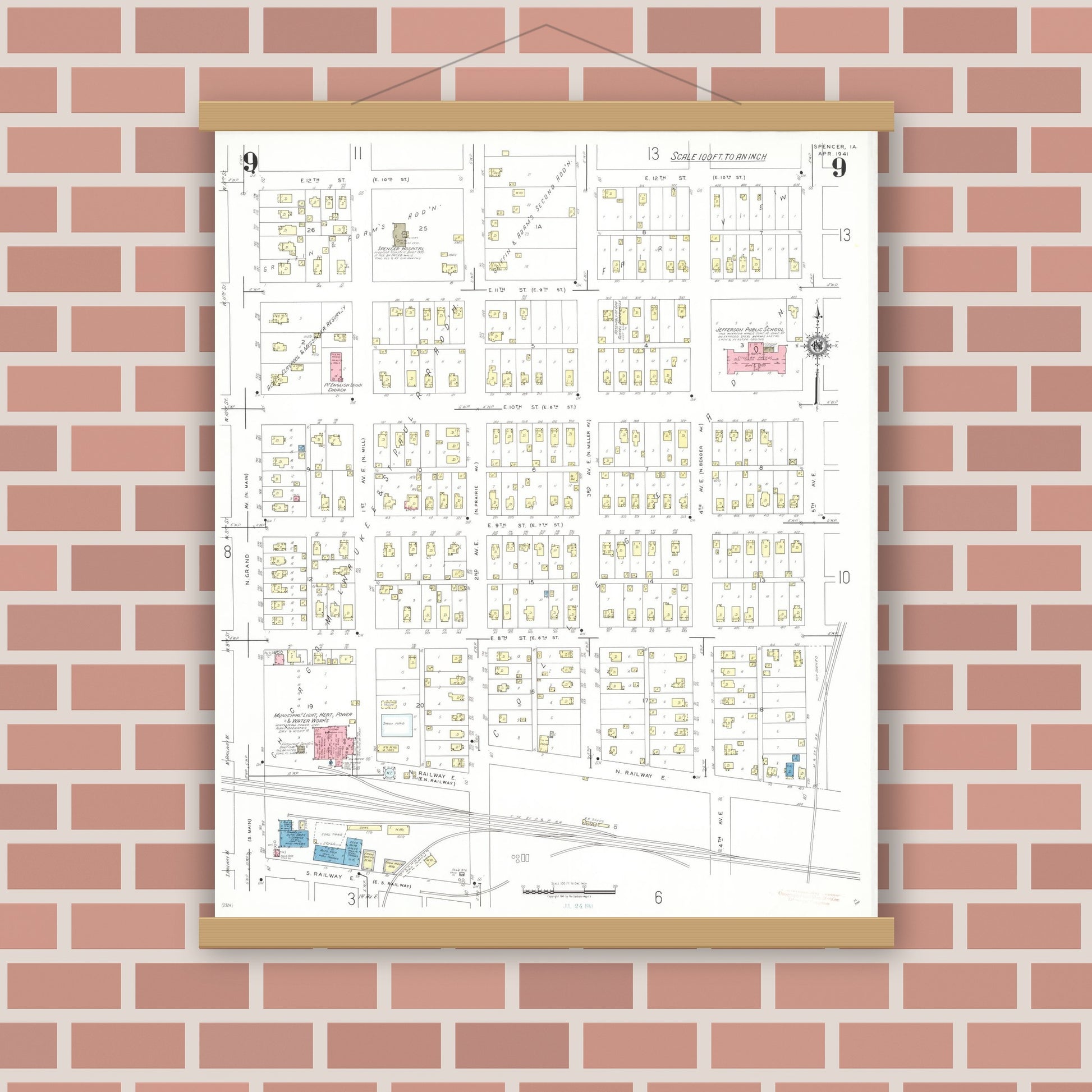 Old map wall art mockup — magnetic wood frame on brick wall — Sanborn Fire Insurance Map from Spencer, Clay County, Iowa (1941), Sheet #0009