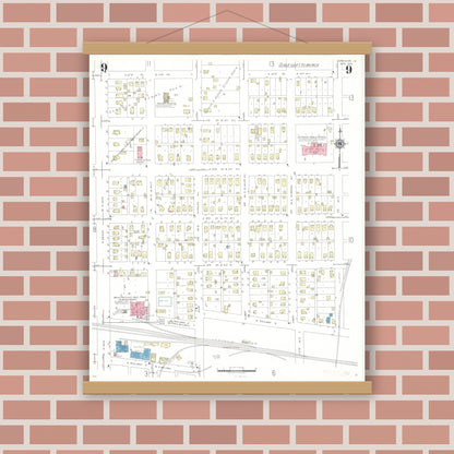 Old map wall art mockup — magnetic wood frame on brick wall — Sanborn Fire Insurance Map from Spencer, Clay County, Iowa (1941), Sheet #0009