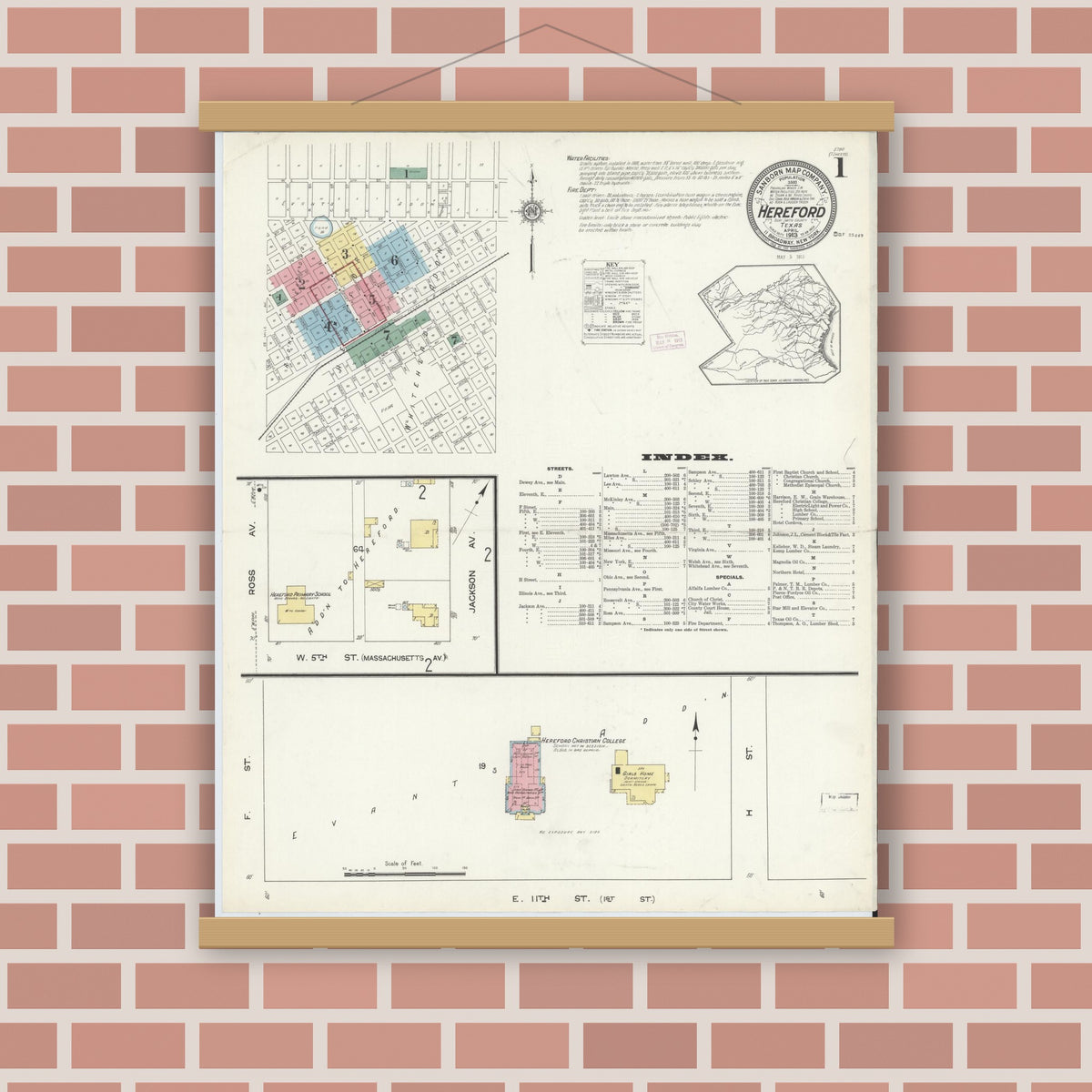 Old map wall art mockup — magnetic wood frame on brick wall — Sanborn Fire Insurance Map from Hereford, Deaf Smith County, Texas (1913) - Complete Map Set