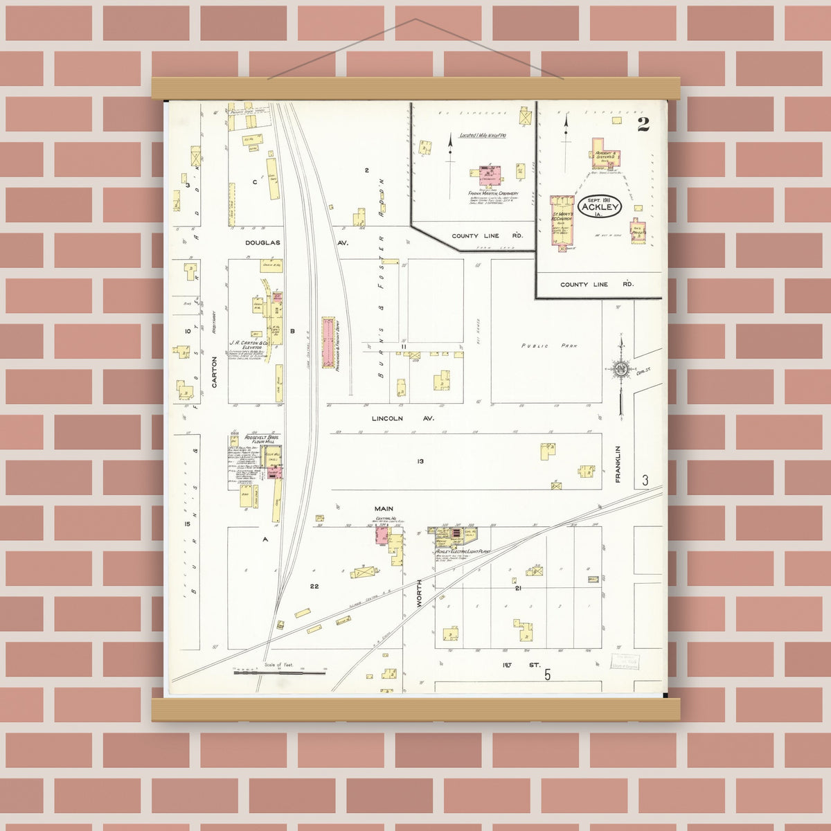 Old map wall art mockup — magnetic wood frame on brick wall — Sanborn Fire Insurance Map from Ackley, Hardin and Franklin Counties, Iowa (1911), Sheet #0002