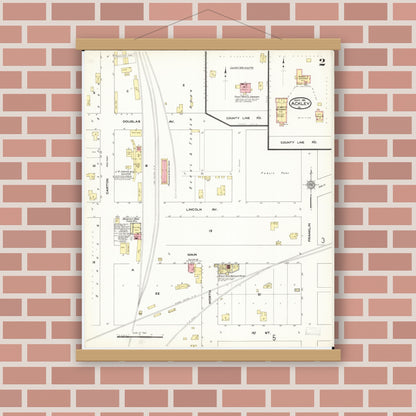 Old map wall art mockup — magnetic wood frame on brick wall — Sanborn Fire Insurance Map from Ackley, Hardin and Franklin Counties, Iowa (1911), Sheet #0002