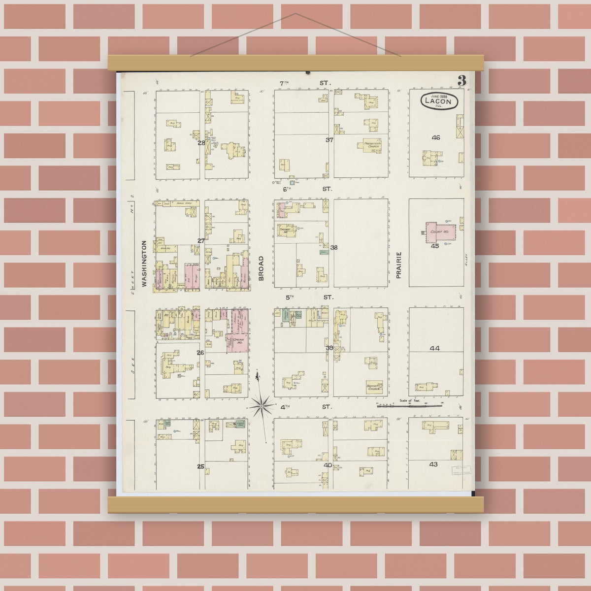Old map wall art mockup — magnetic wood frame on brick wall — Sanborn Fire Insurance Map from Lacon, Marshall County, Illinois (1888), Sheet #0003
