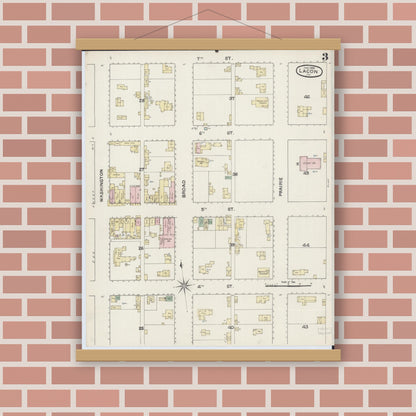 Old map wall art mockup — magnetic wood frame on brick wall — Sanborn Fire Insurance Map from Lacon, Marshall County, Illinois (1888), Sheet #0003