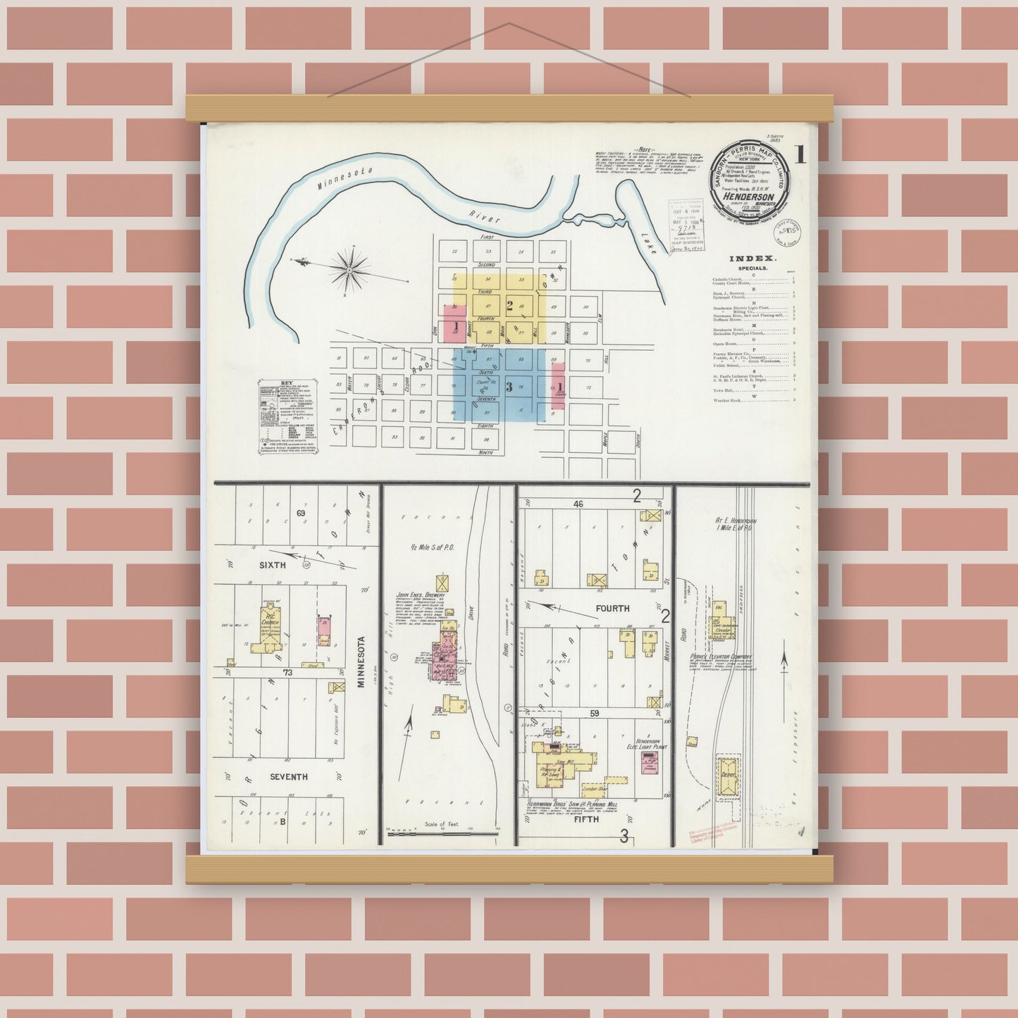 Old map wall art mockup — magnetic wood frame on brick wall — Sanborn Fire Insurance Map from Henderson, Sibley County, Minnesota (1900) - Complete Map Set