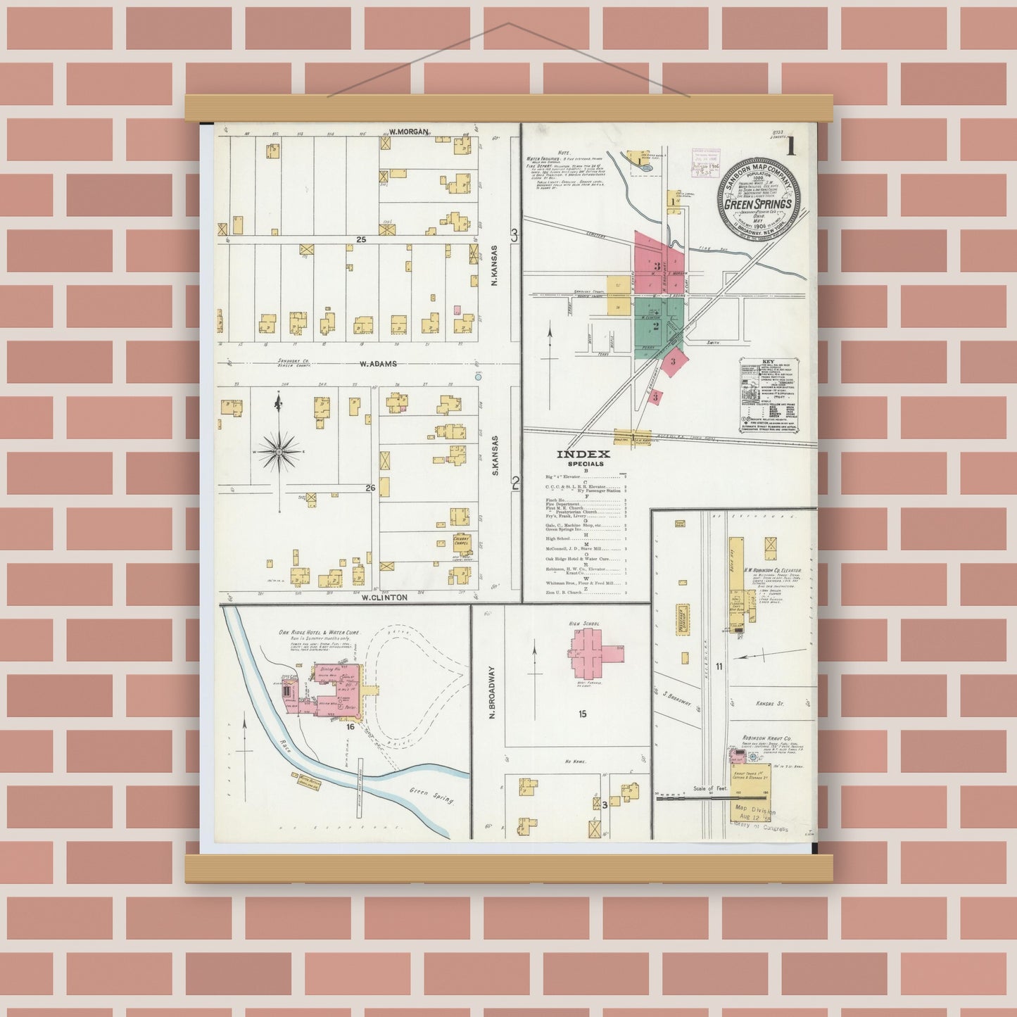 Old map wall art mockup — magnetic wood frame on brick wall — Sanborn Fire Insurance Map from Green Springs, Sandusky And Seneca Counties, Ohio (1906), Sheet #0001