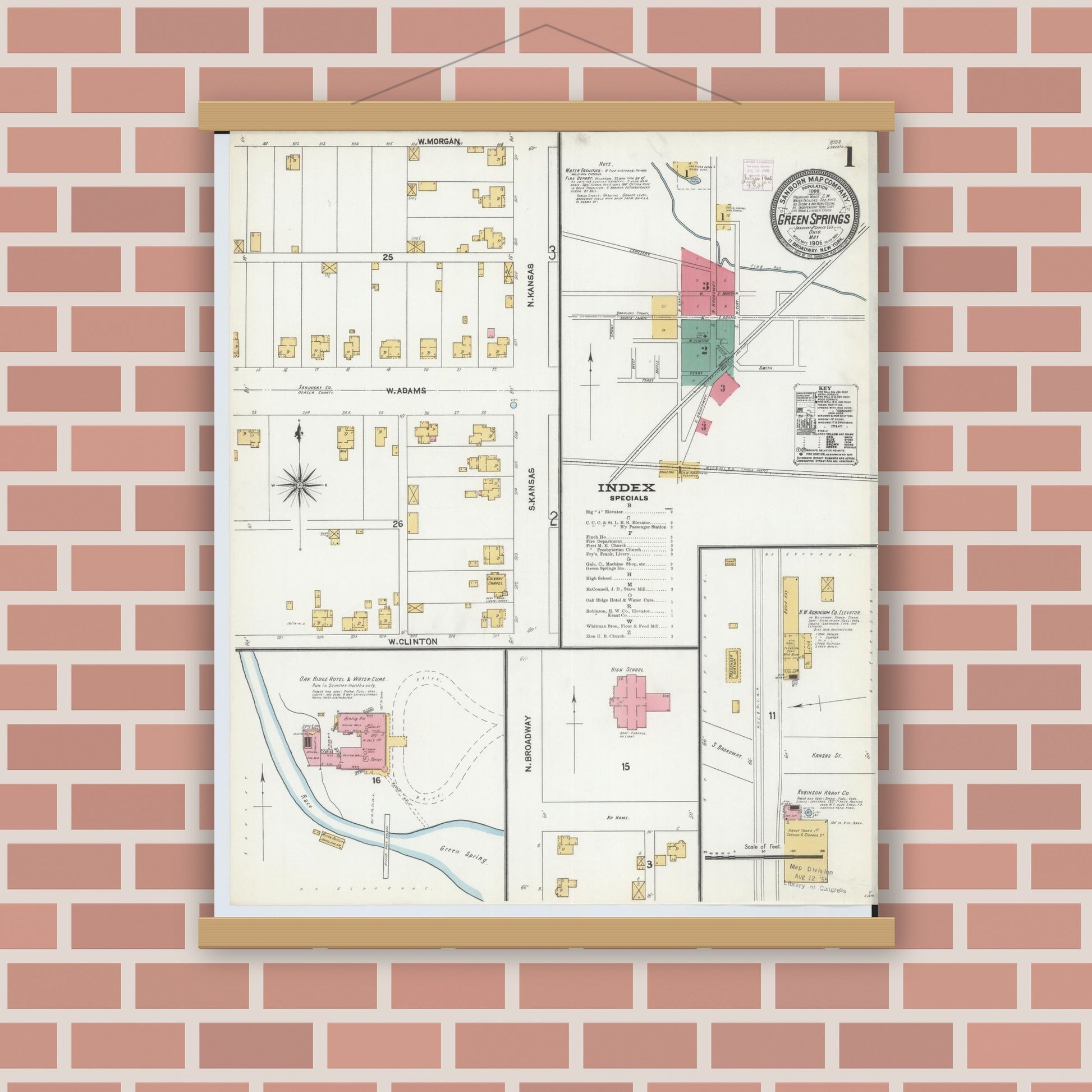 Old map wall art mockup — magnetic wood frame on brick wall — Sanborn Fire Insurance Map from Green Springs, Sandusky And Seneca Counties, Ohio (1906), Sheet #0001