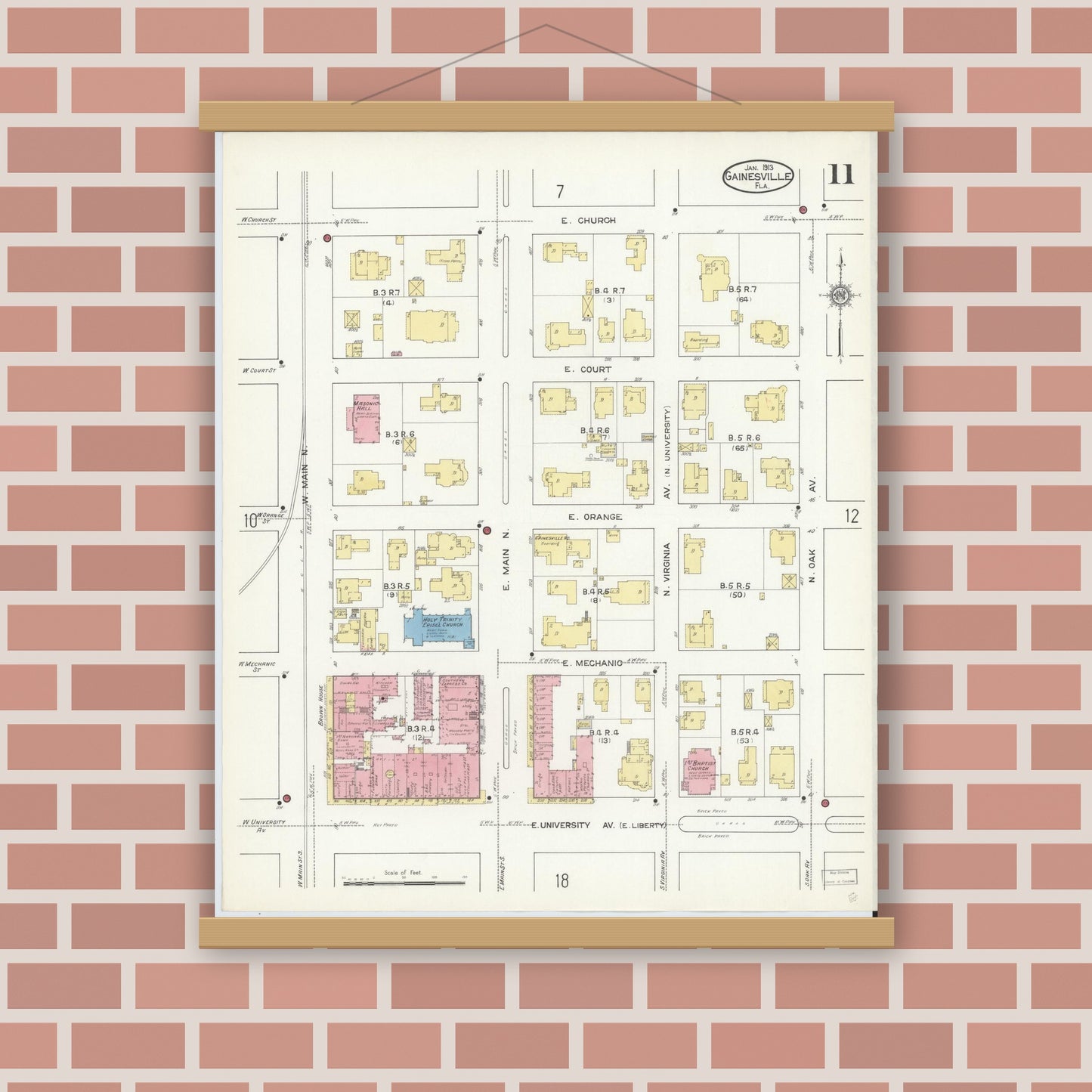 Old map wall art mockup — magnetic wood frame on brick wall — Sanborn Fire Insurance Map from Gainesville, Alachua County, Florida (1913), Sheet #0011