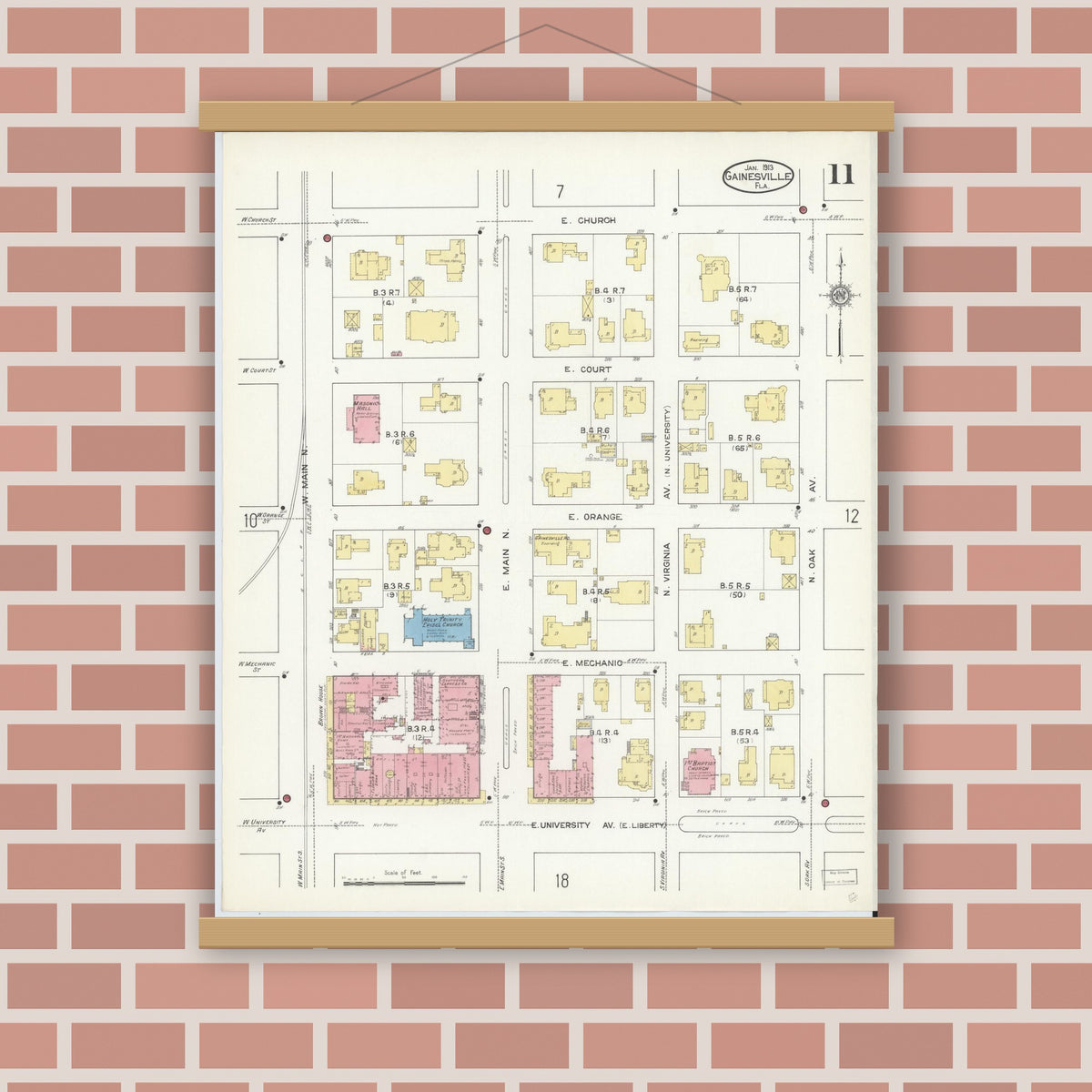 Old map wall art mockup — magnetic wood frame on brick wall — Sanborn Fire Insurance Map from Gainesville, Alachua County, Florida (1913), Sheet #0011