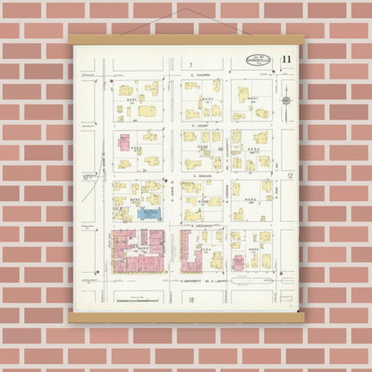 Old map wall art mockup — magnetic wood frame on brick wall — Sanborn Fire Insurance Map from Gainesville, Alachua County, Florida (1913), Sheet #0011