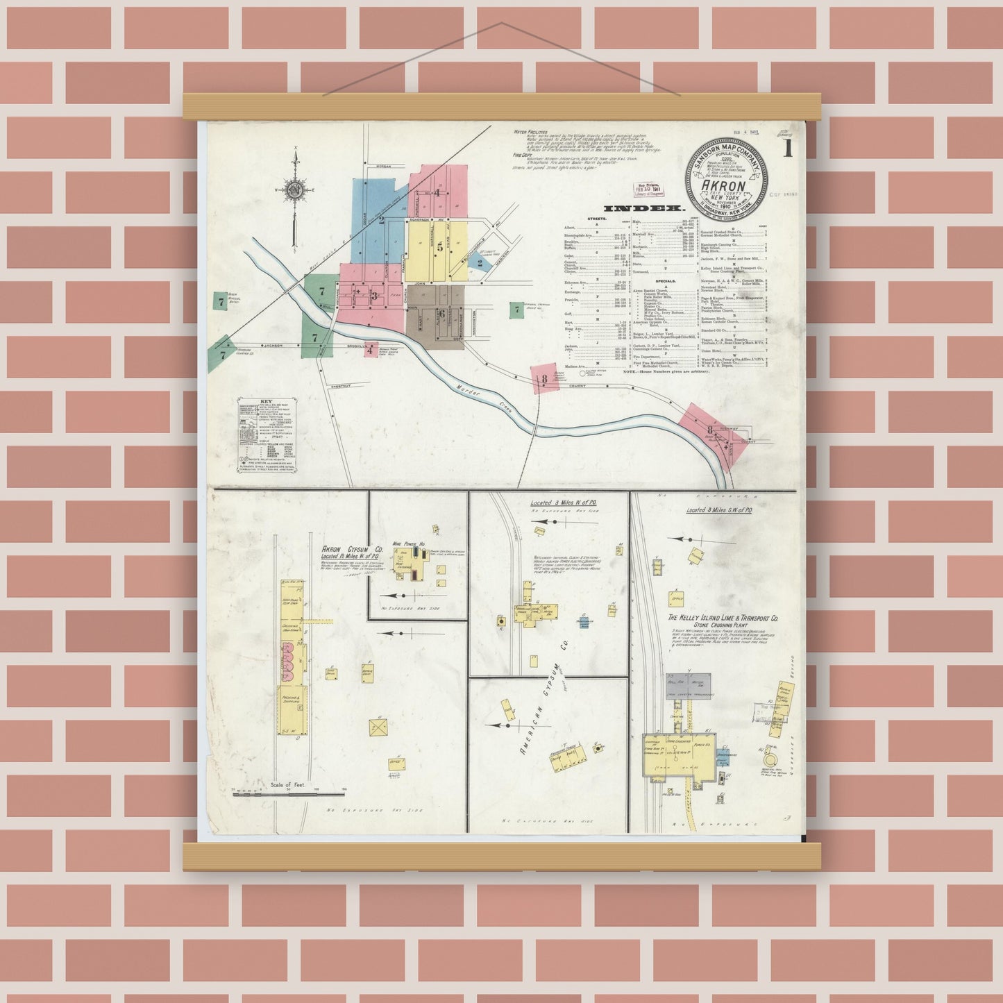 Old map wall art mockup — magnetic wood frame on brick wall — Sanborn Fire Insurance Map from Akron, Erie County, New York (1910) - Complete Map Set