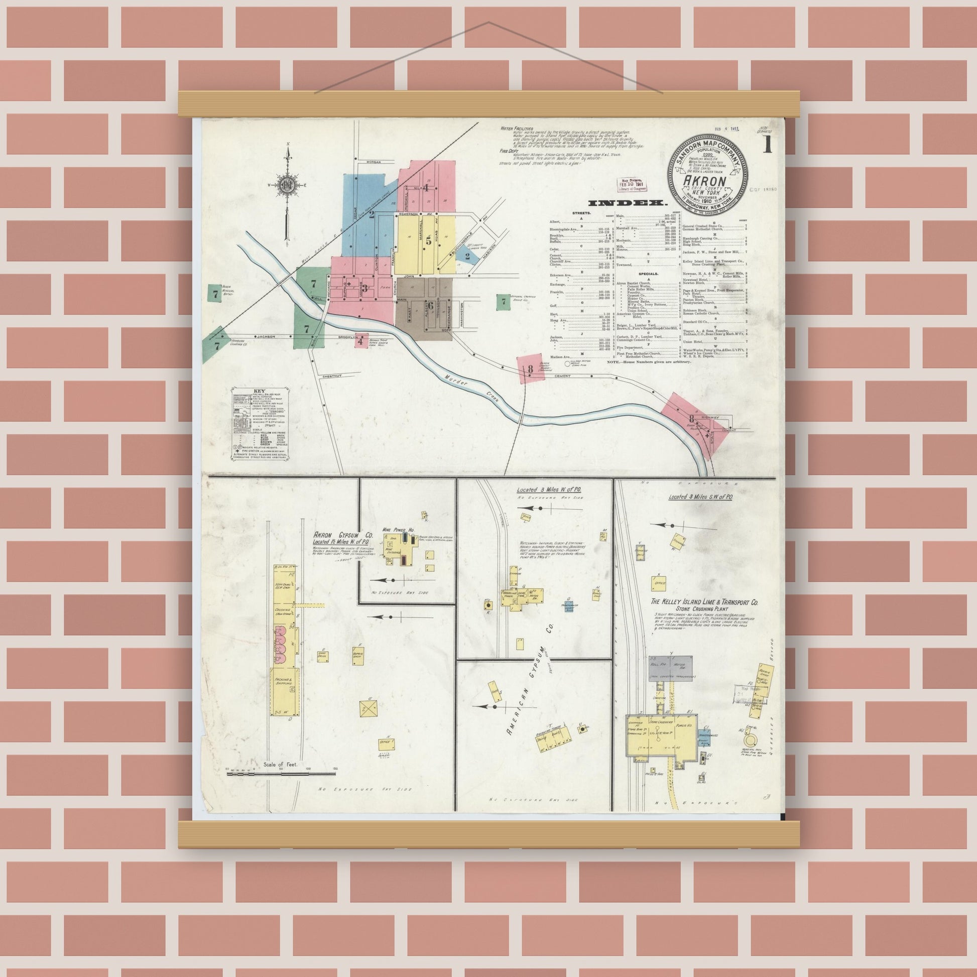 Old map wall art mockup — magnetic wood frame on brick wall — Sanborn Fire Insurance Map from Akron, Erie County, New York (1910) - Complete Map Set