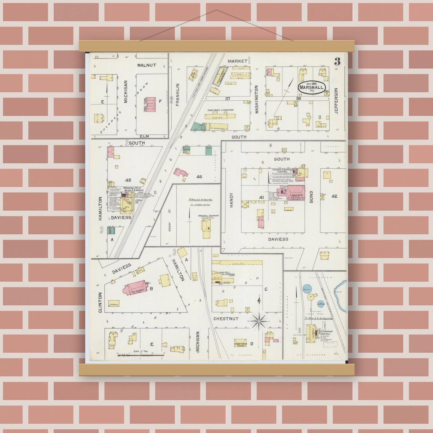 Old map wall art mockup — magnetic wood frame on brick wall — Sanborn Fire Insurance Map from Marshall, Clark County, Illinois (1892), Sheet #0003