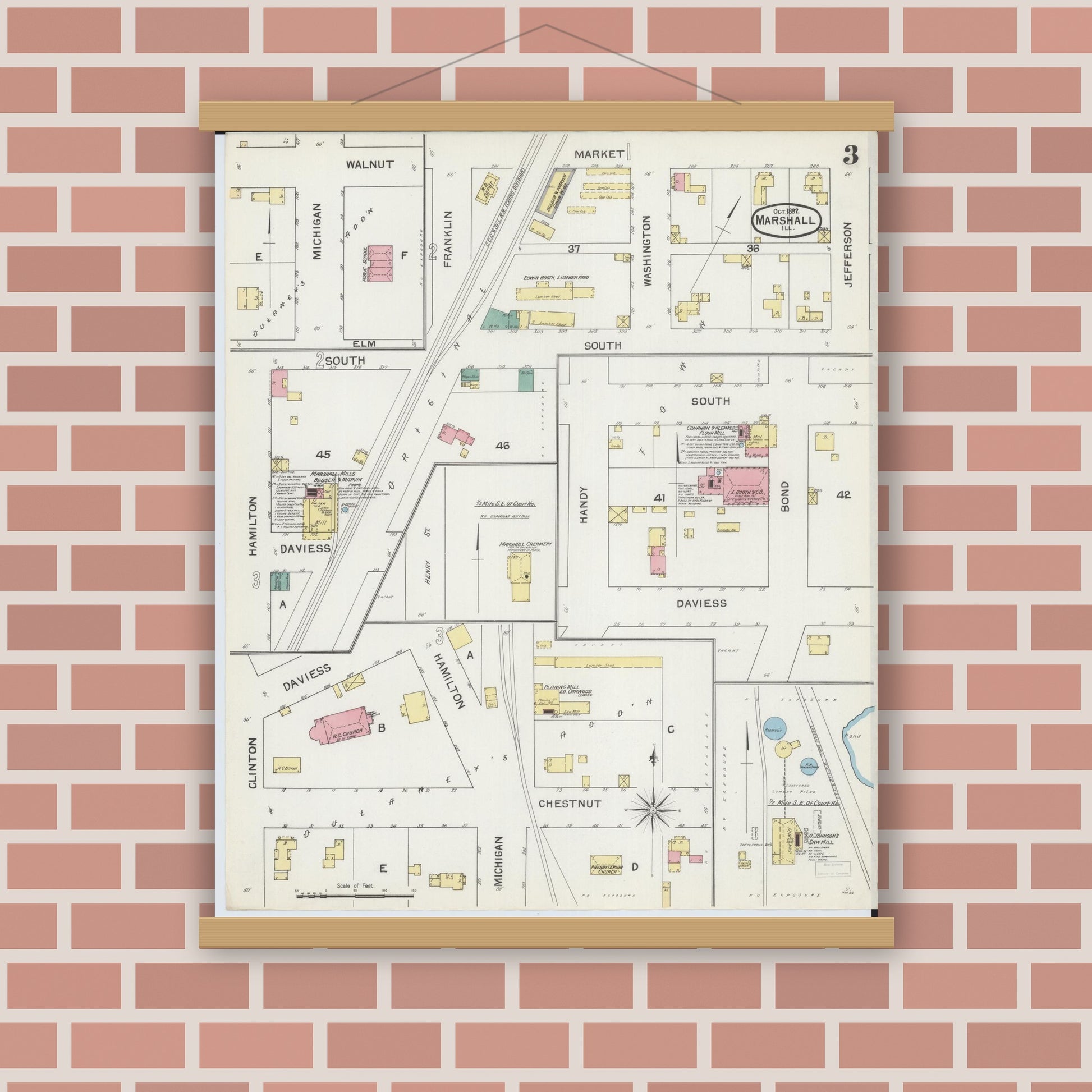 Old map wall art mockup — magnetic wood frame on brick wall — Sanborn Fire Insurance Map from Marshall, Clark County, Illinois (1892), Sheet #0003